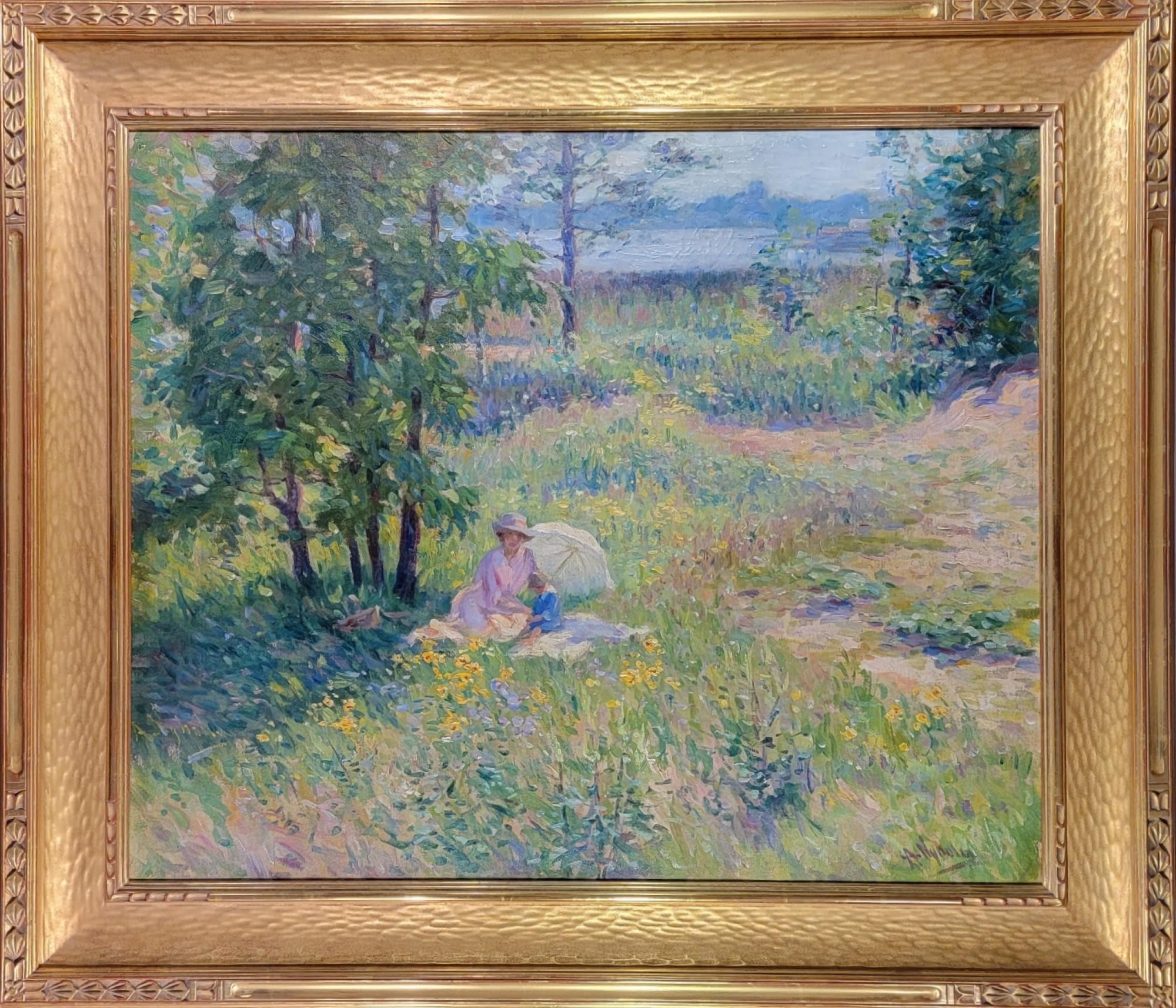 Arvid Frederick Nyholm (Swedish-American, 1866-1937)

Signed: A Nyholm (Lower, Right and Lower, Left)

" Mother and Child in a Landscape ", circa 1910-1920

Oil on Canvas 

25" x 30"

Housed in a 2 1/2" Contemporary Period Style Frame in Gold