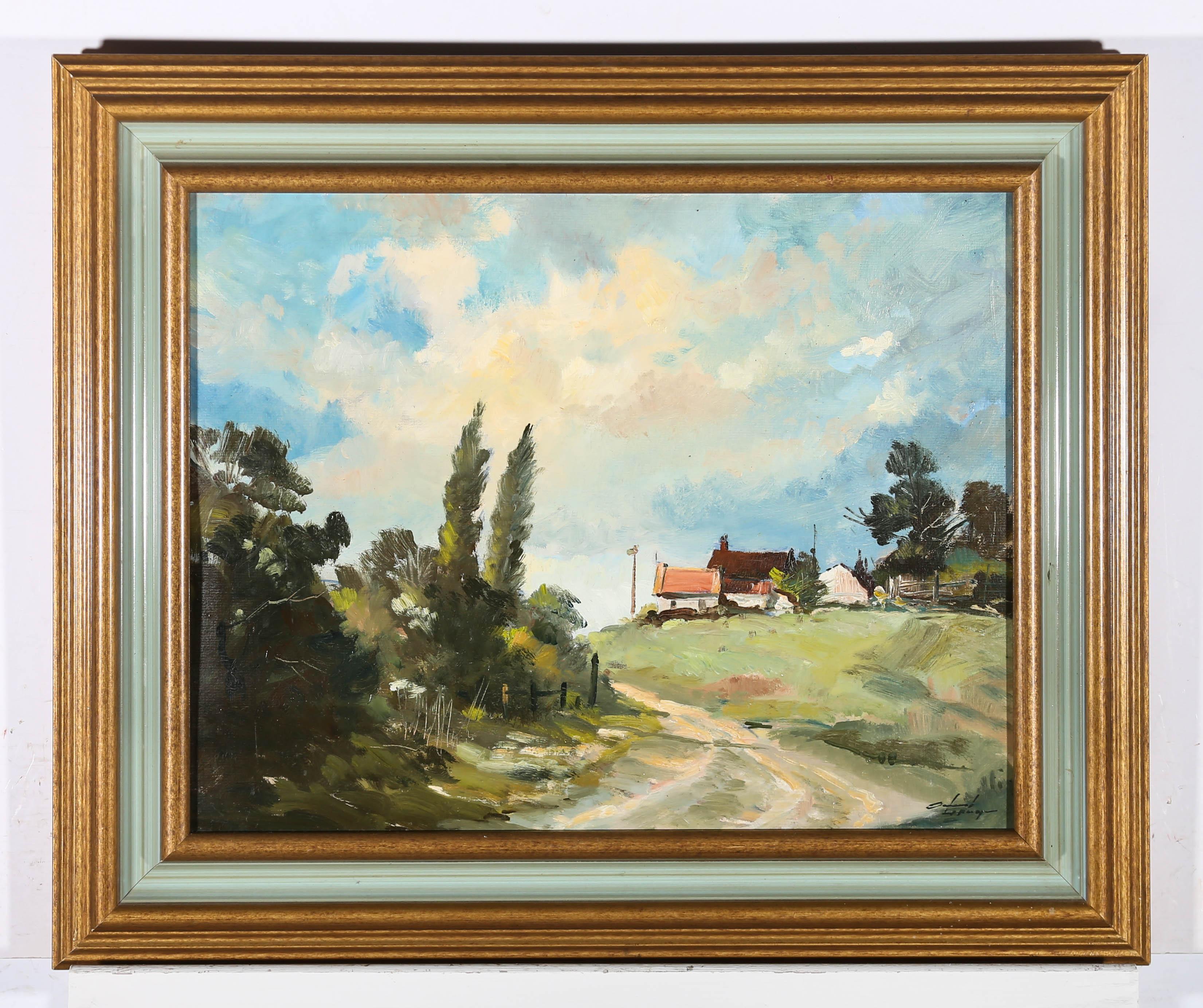 This charming oil study depicts a quaint country track leading to a small farm. The artist has captured the scene in an impressionist style, using expressive brushwork to convey their rural surroundings. Signed to the lower right. Well presented in