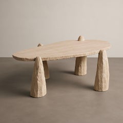 Arx Unique Dining Table in Carved Travertine Stone & Steel by Andres Monnier