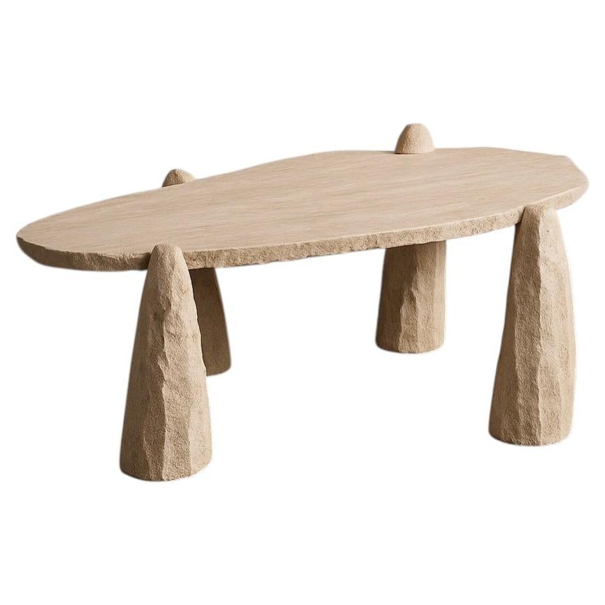 Arx Unique Dining Table in Carved Travertine Stone & Steel by Andres Monnier