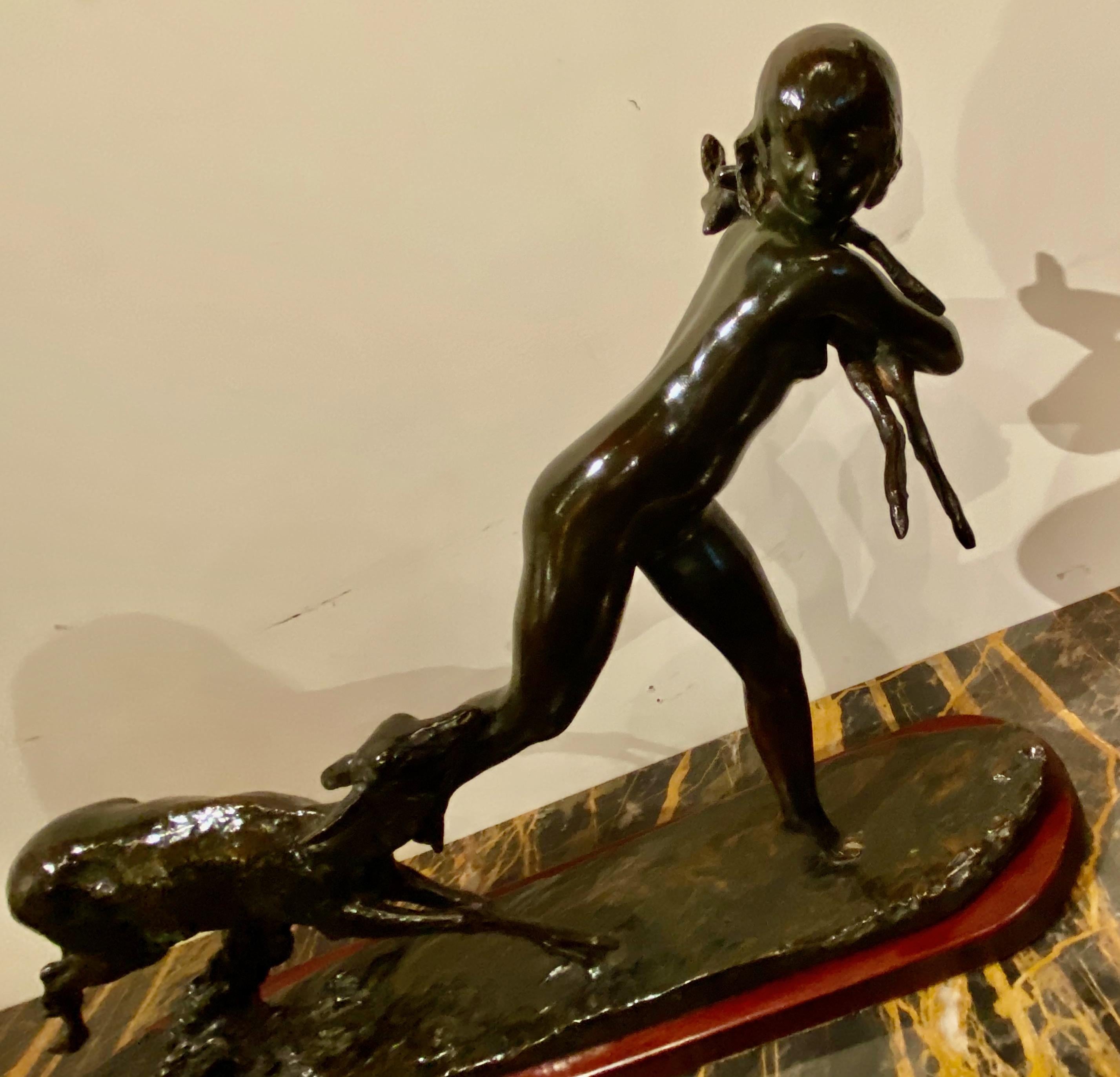Mid-20th Century Ary Bitter Bronze Art Deco Sculpture Woman Running with Lambs Bronze For Sale