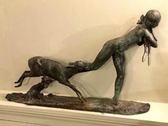 Ary Bitter, sculpture Art déco, femme courant avec des agneaux