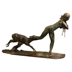 Ary Bitter bronze Art Deco sculpture woman running with lambs.