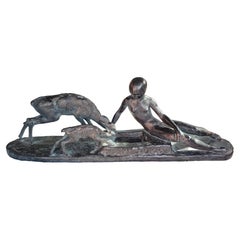 Ary Bitter Bronze Nude Woman Feeding a Deer and Its Fawn by Austin Productions