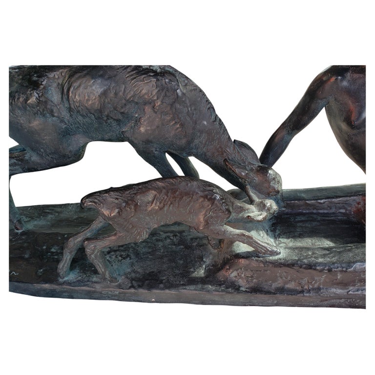 Metalwork Ary Bitter Bronze Nude Woman Feeding a Deer and Its Fawn by Austin Productions For Sale