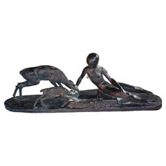 Ary Bitter Bronze Nude Woman Feeding a Deer and Its Fawn by Austin Productions