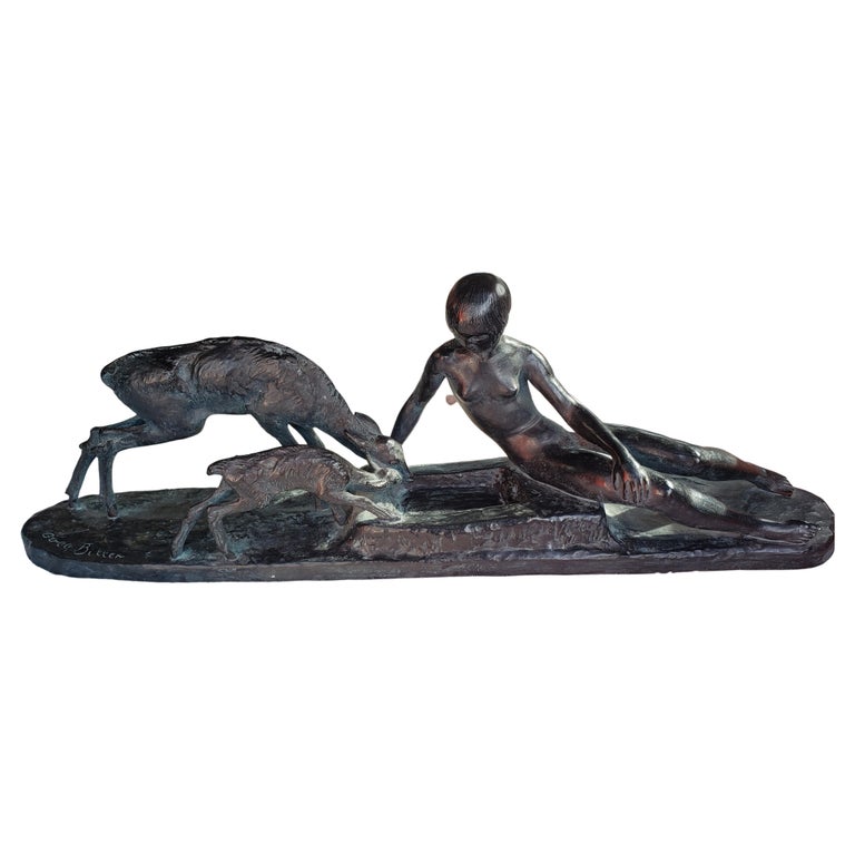 Ary Bitter Bronze Nude Woman Feeding a Deer and Its Fawn by Austin Productions For Sale