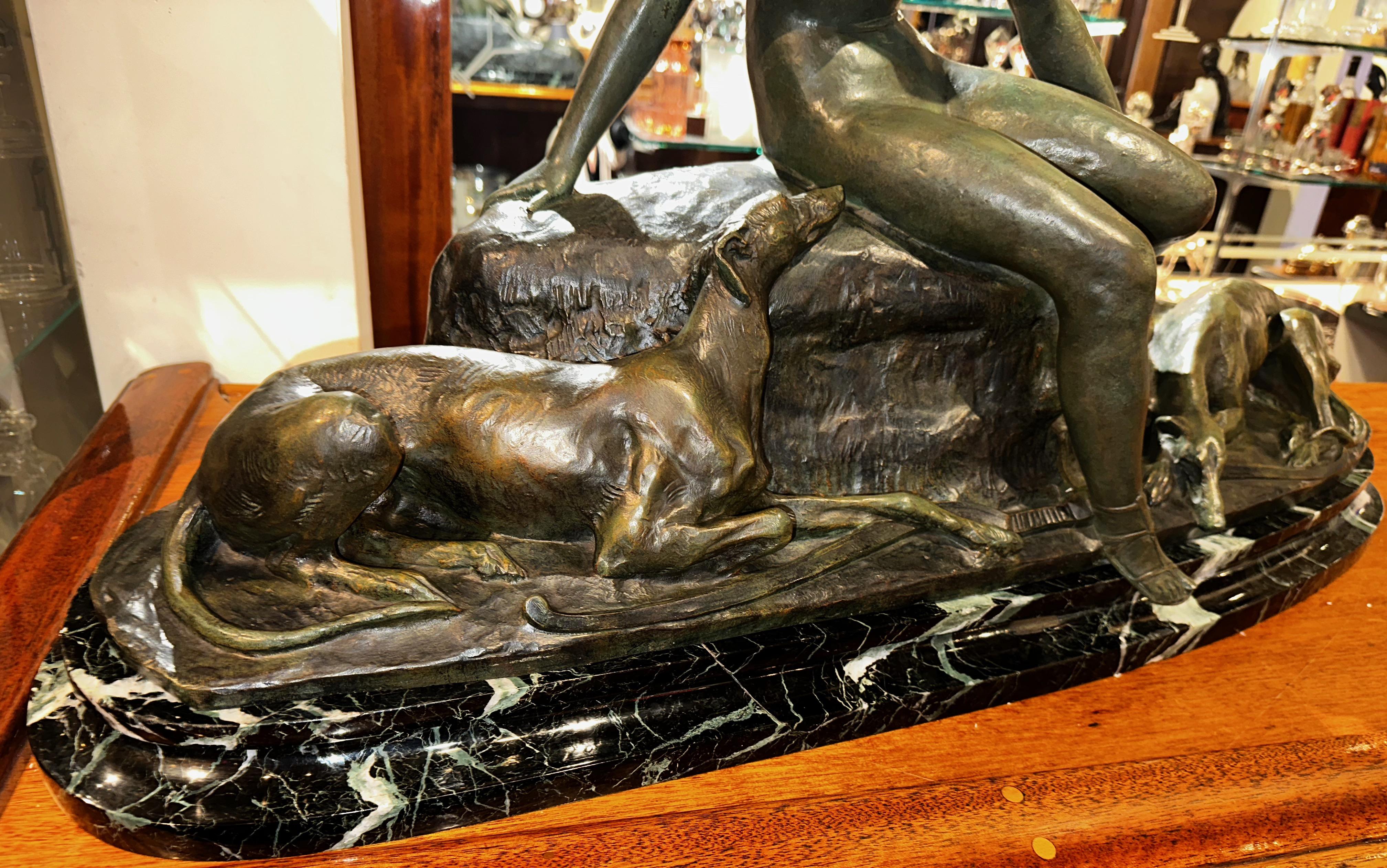 Ary Bitter Bronze Sculpture of Diana with 2 Greyhounds in Nature For Sale 11