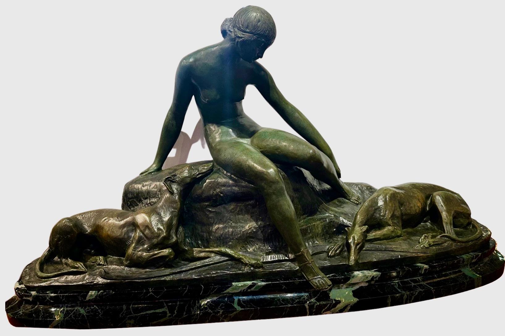 Art Deco Ary Bitter Bronze Sculpture of Diana with 2 Greyhounds in Nature For Sale