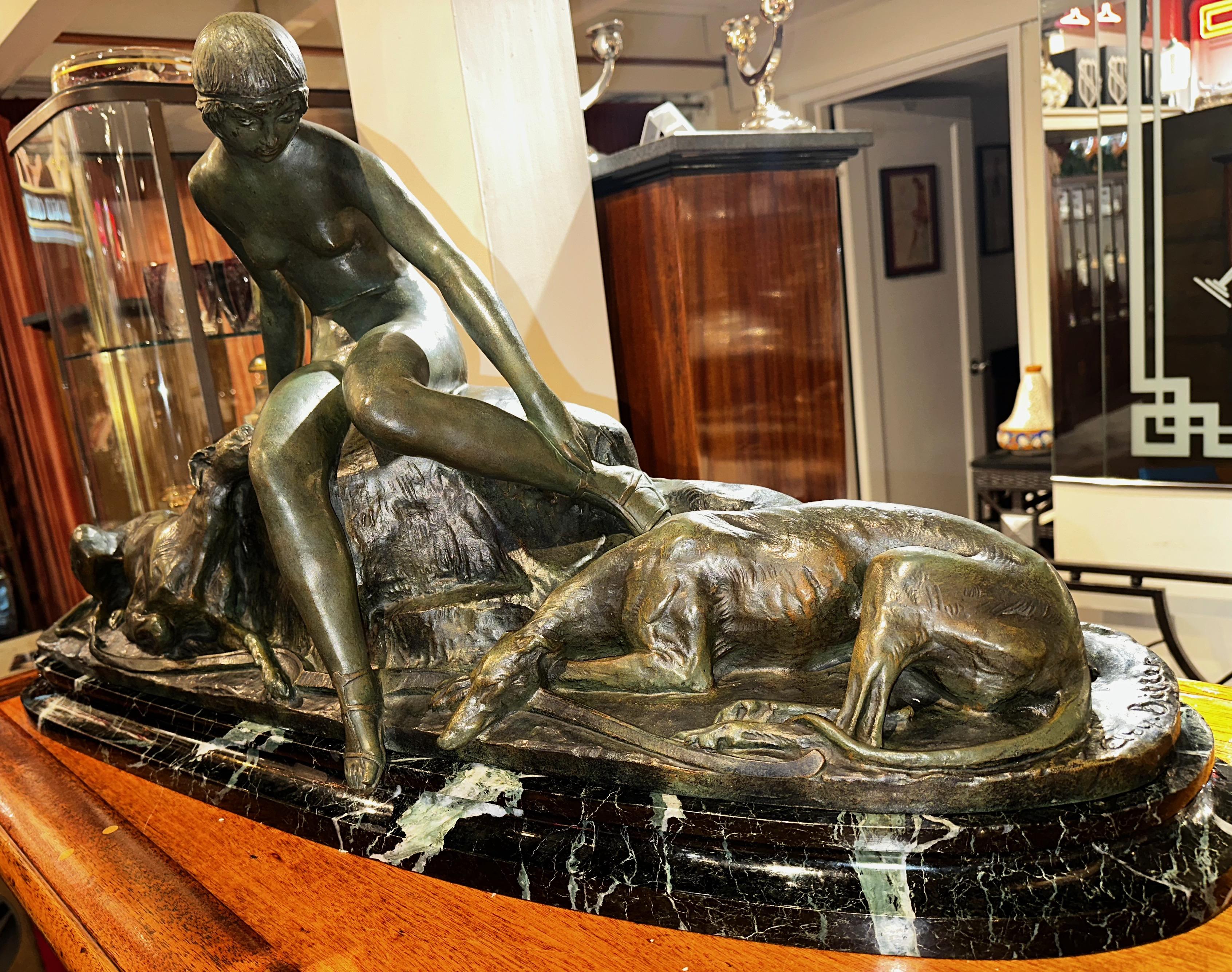 French Ary Bitter Bronze Sculpture of Diana with 2 Greyhounds in Nature For Sale
