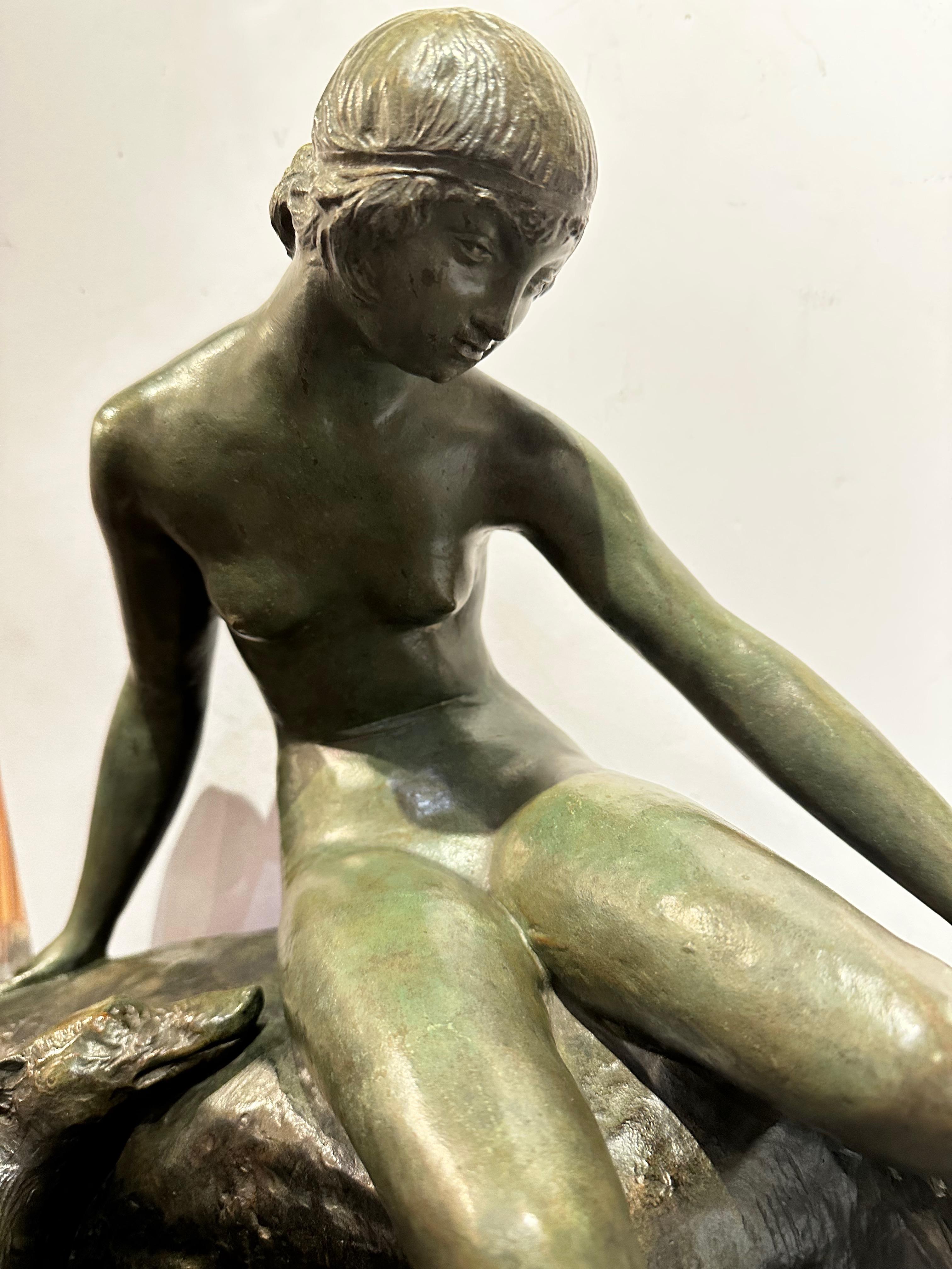 Early 20th Century Ary Bitter Bronze Sculpture of Diana with 2 Greyhounds in Nature For Sale