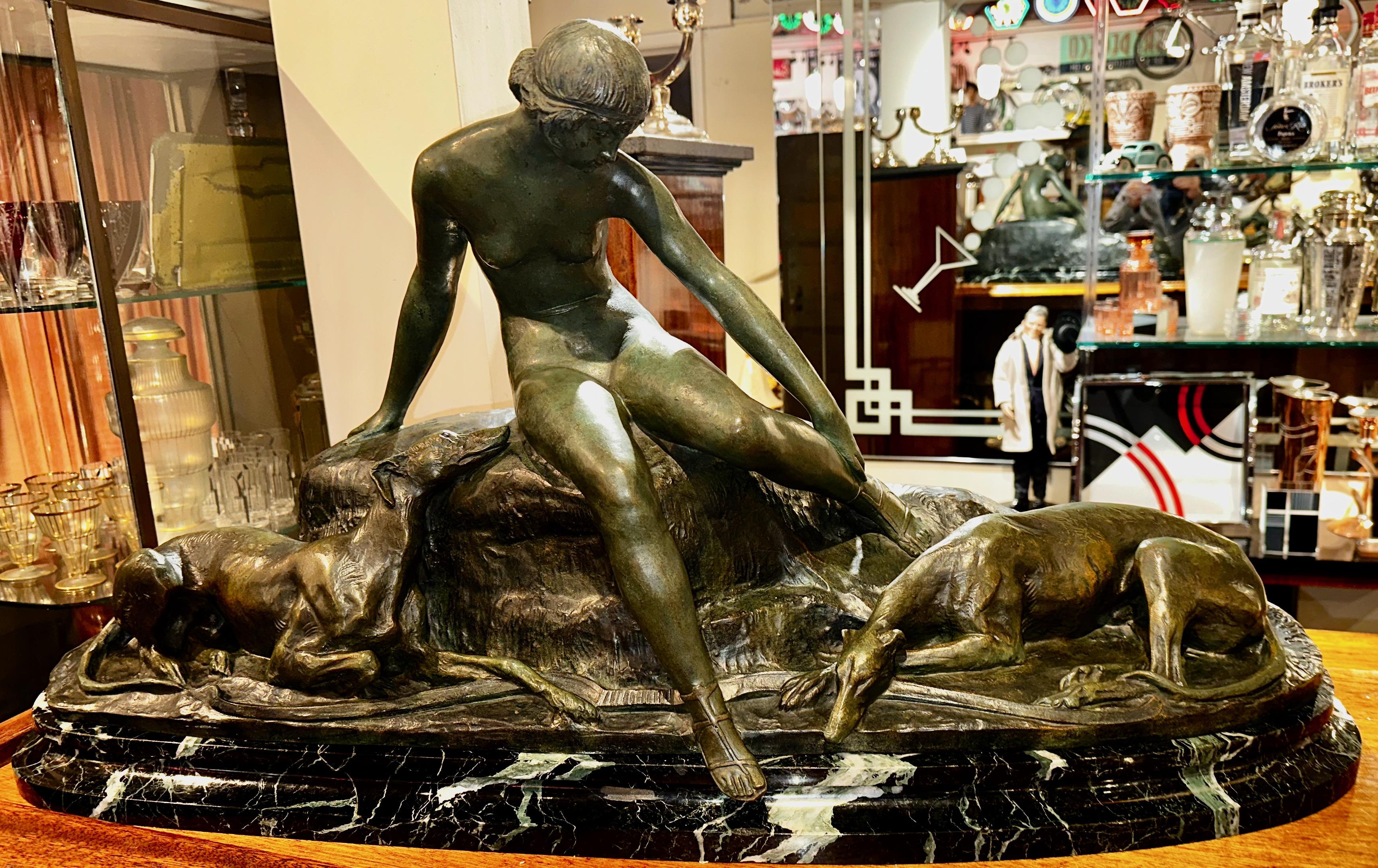 Ary Bitter Bronze Sculpture of Diana with 2 Greyhounds in Nature For Sale 1