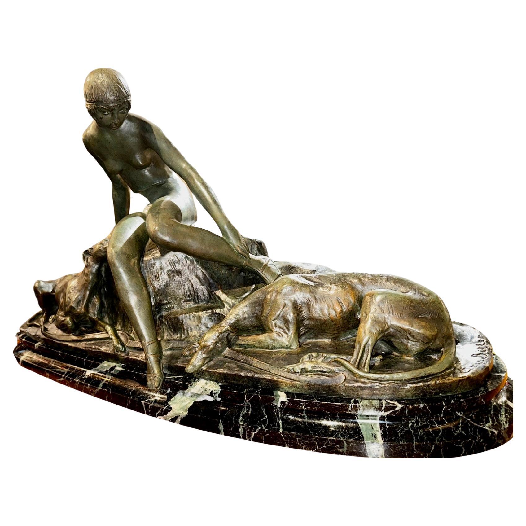 Ary Bitter Bronze Sculpture of Diana with 2 Greyhounds in Nature For Sale