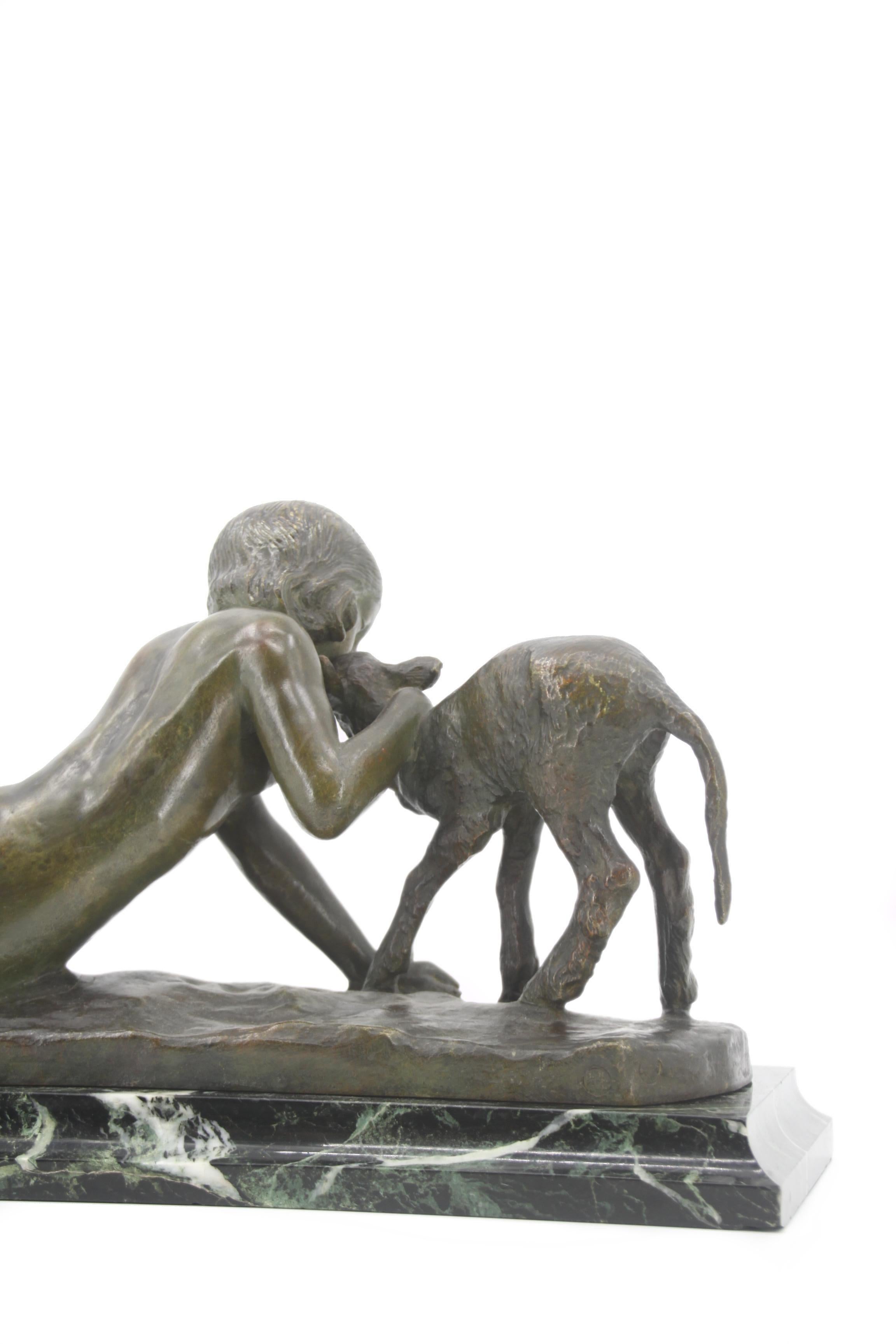 French Ary Bitter, Bronze sculpture of Young Woman and the Lamb For Sale
