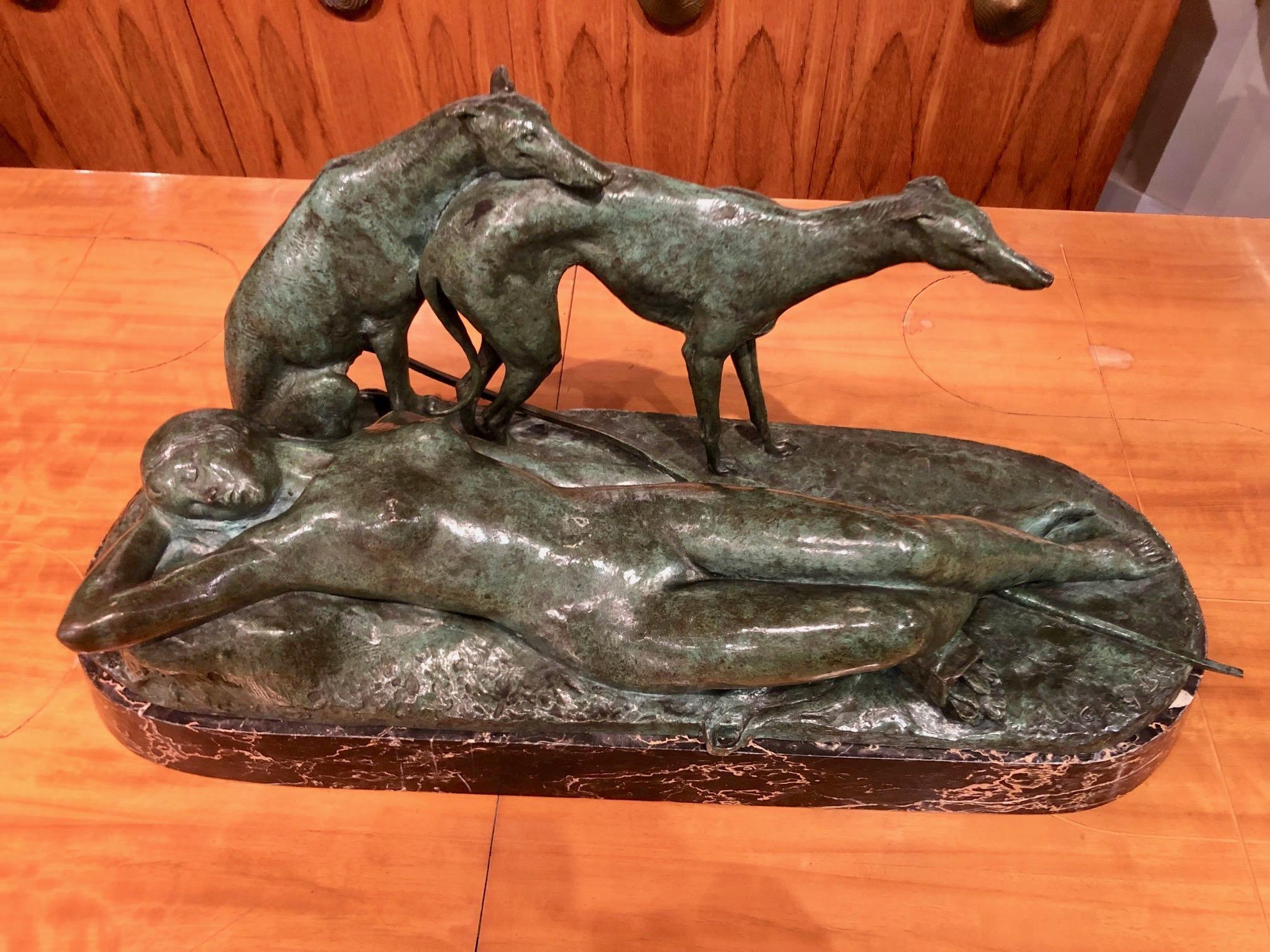 Ary Bitter Reclining Diana the Huntress with 2 Greyhounds Bronze Art Deco  For Sale 5