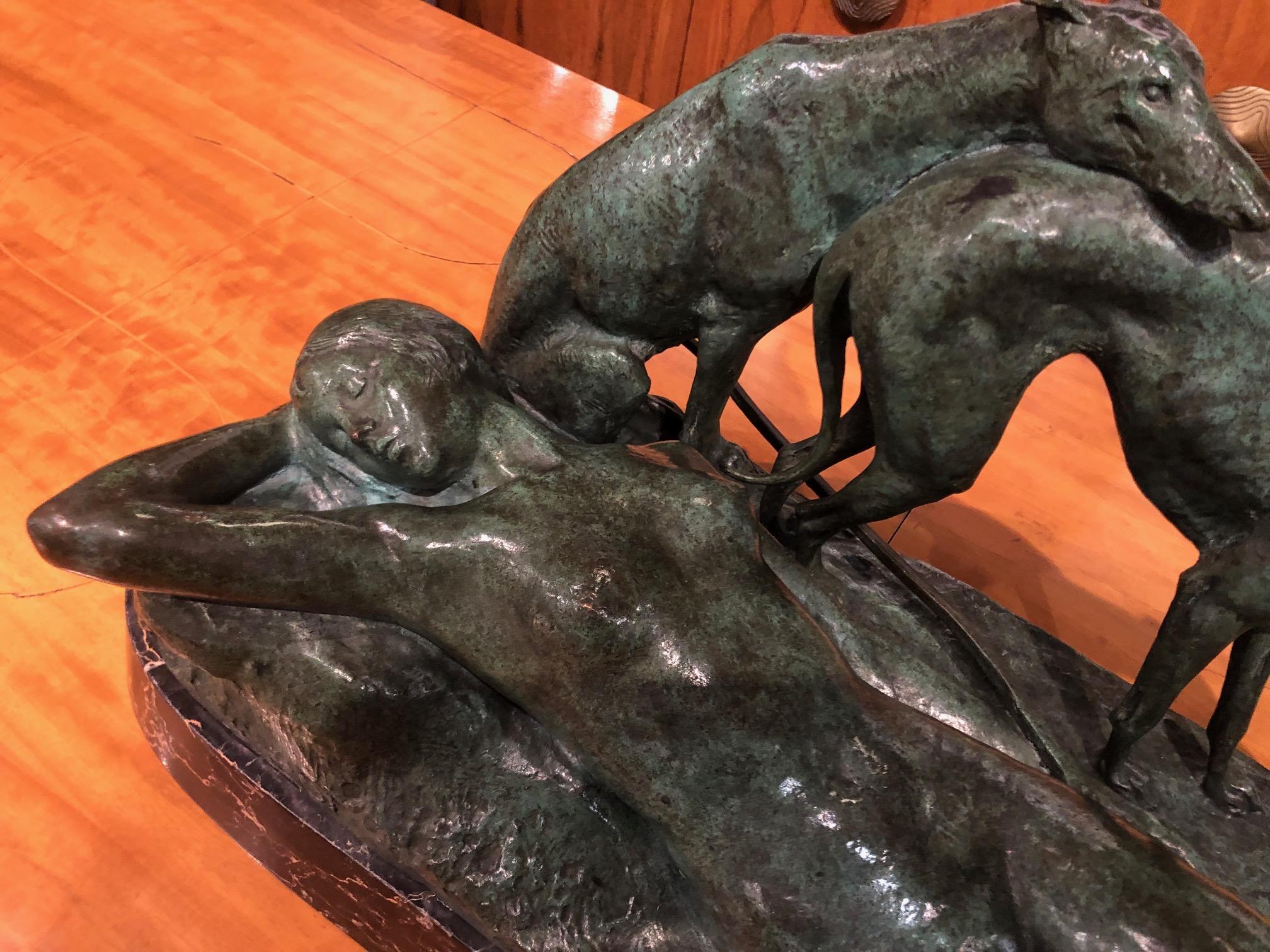 Ary Bitter Reclining Diana the Huntress with 2 Greyhounds Bronze Art Deco  For Sale 6