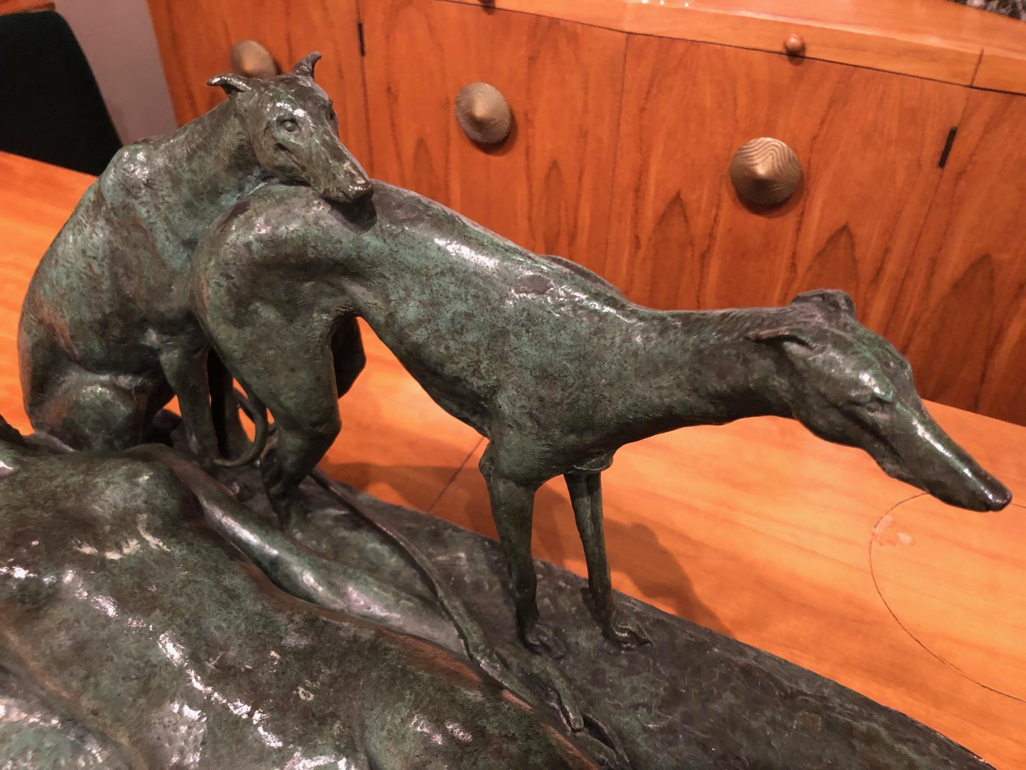 Ary Bitter Reclining Diana the Huntress with 2 Greyhounds Bronze Art Deco  For Sale 7