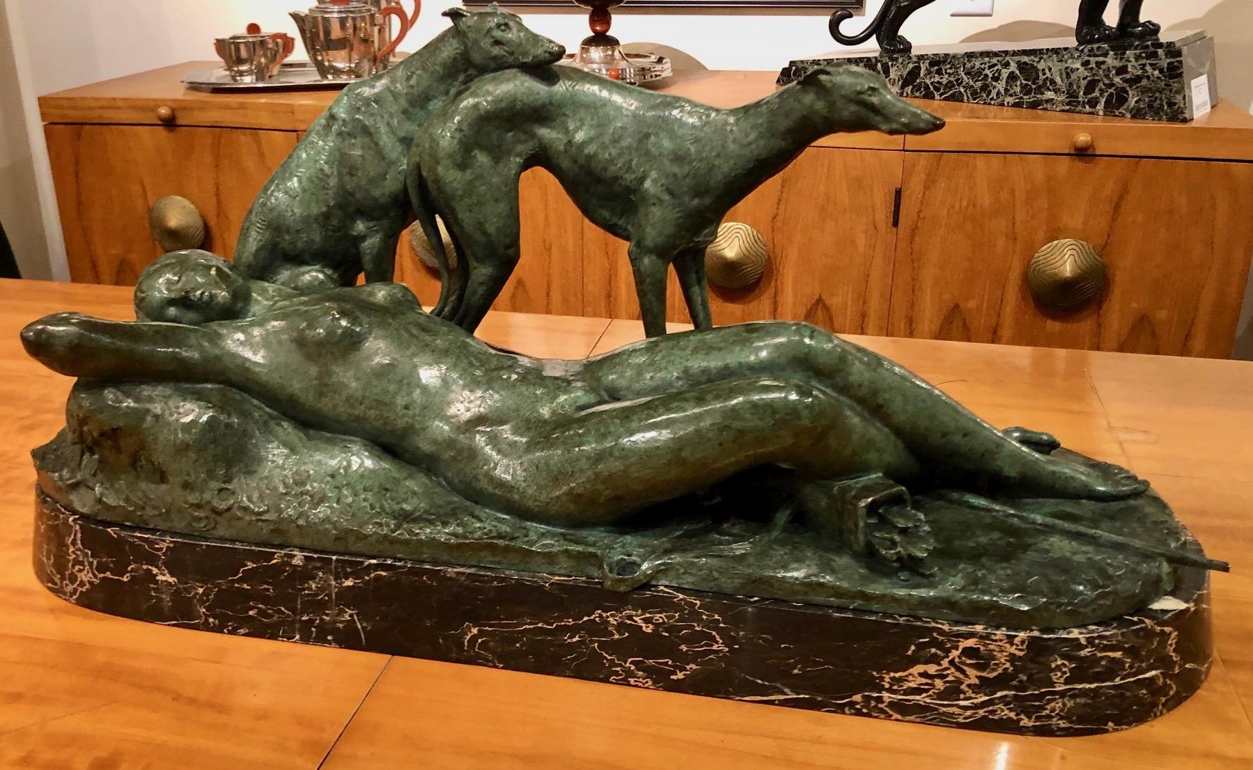 Ary Bitter Reclining Diana the Huntress with 2 Greyhounds Bronze Art Deco  For Sale 10