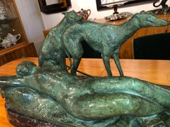 Ary Bitter Reclining Diana the Huntress with 2 Greyhounds Bronze Art Deco