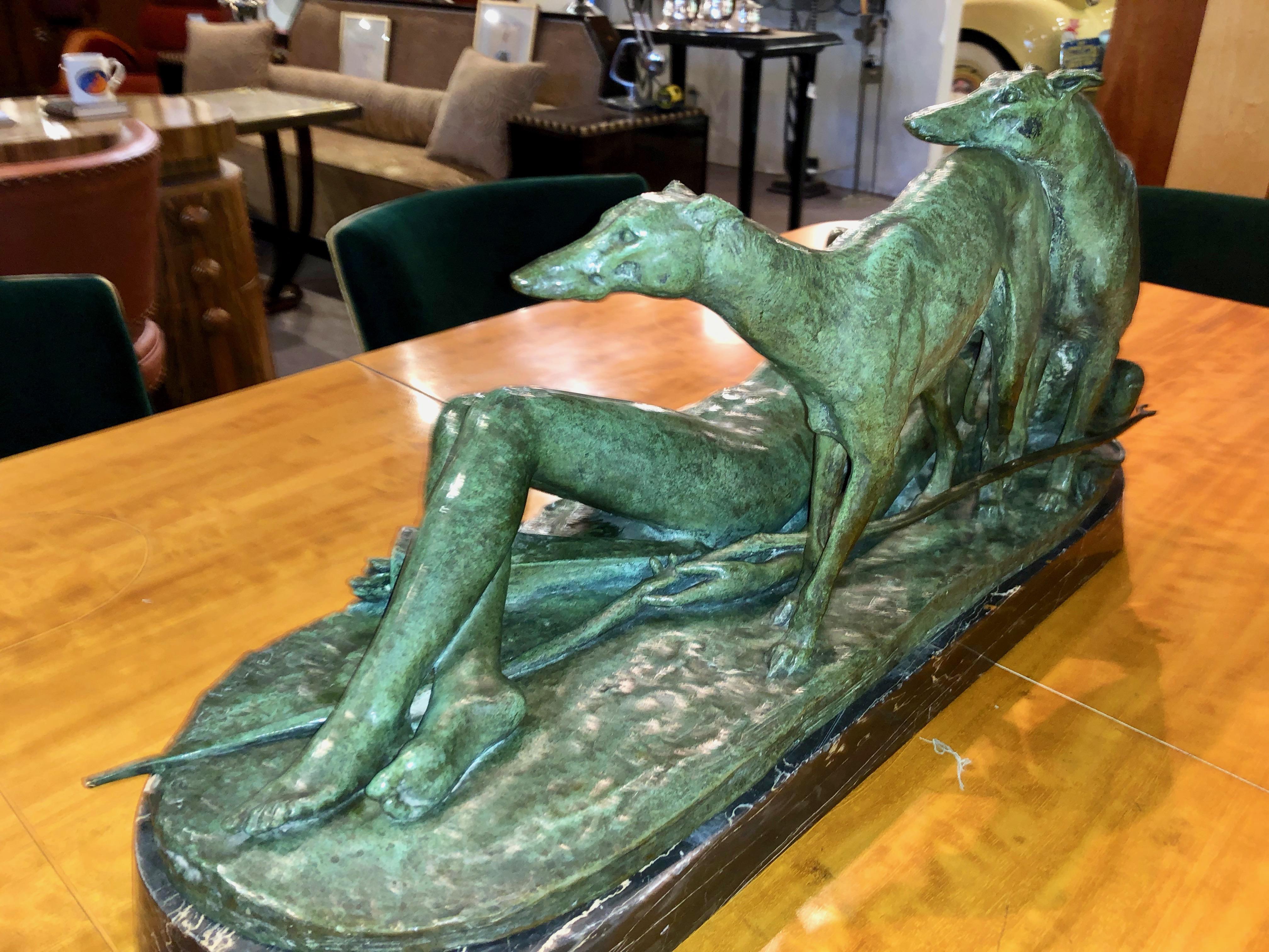 Ary Bitter Reclining Diana the Huntress with 2 Greyhounds Bronze Art Deco  In Good Condition For Sale In Oakland, CA