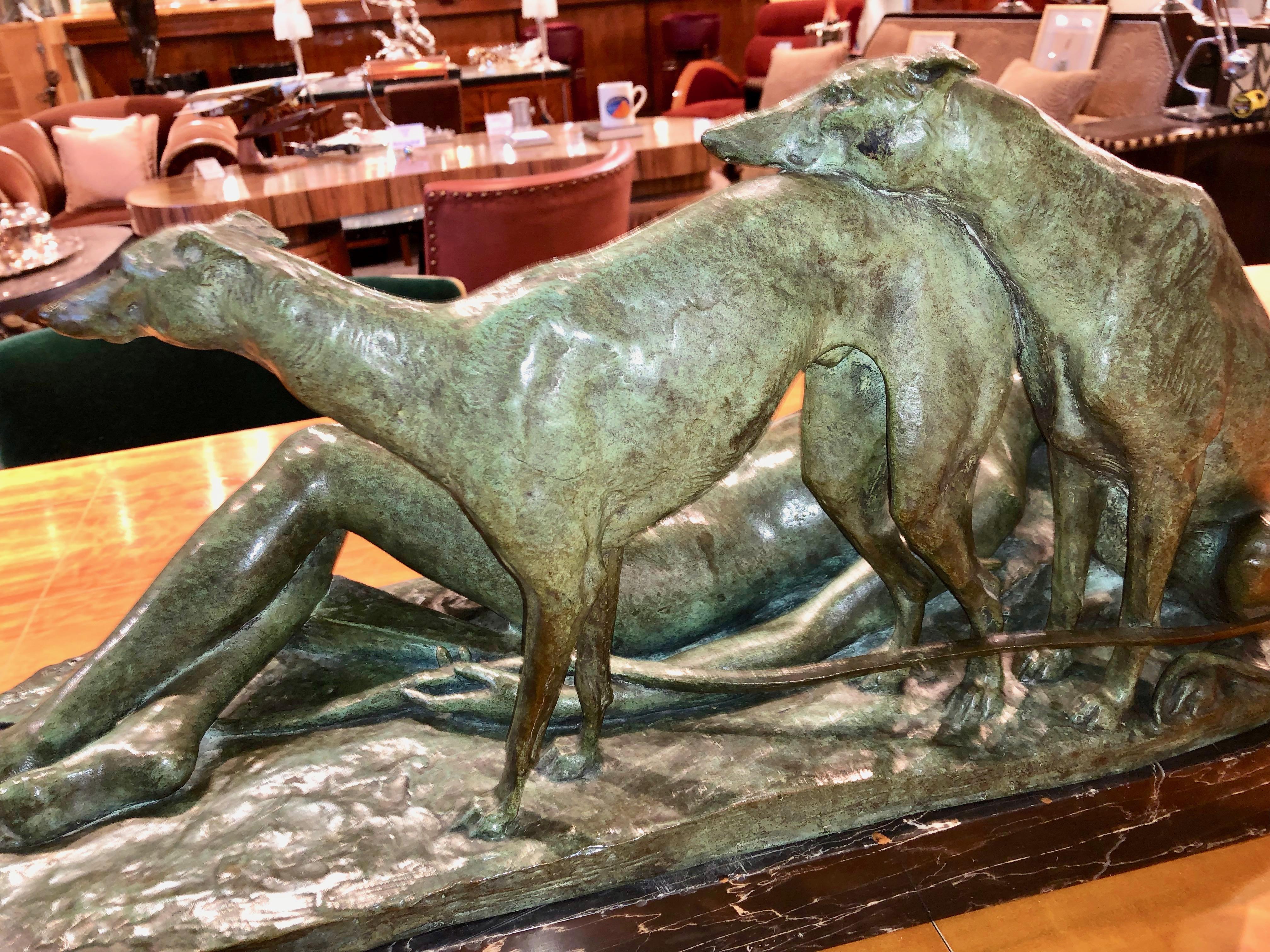 Mid-20th Century Ary Bitter Reclining Diana the Huntress with 2 Greyhounds Bronze Art Deco  For Sale