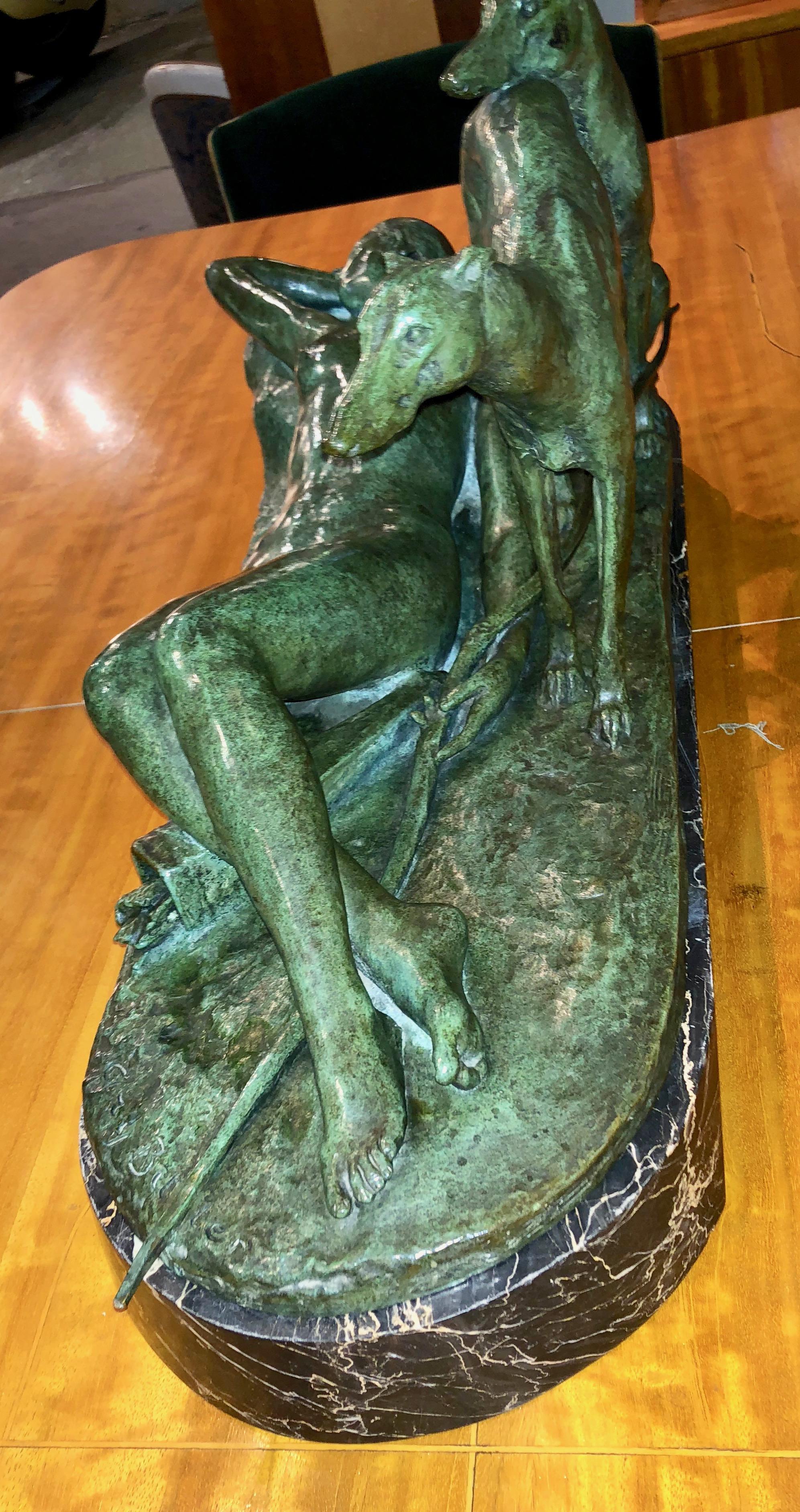 Ary Bitter Reclining Diana the Huntress with 2 Greyhounds Bronze Art Deco  For Sale 1