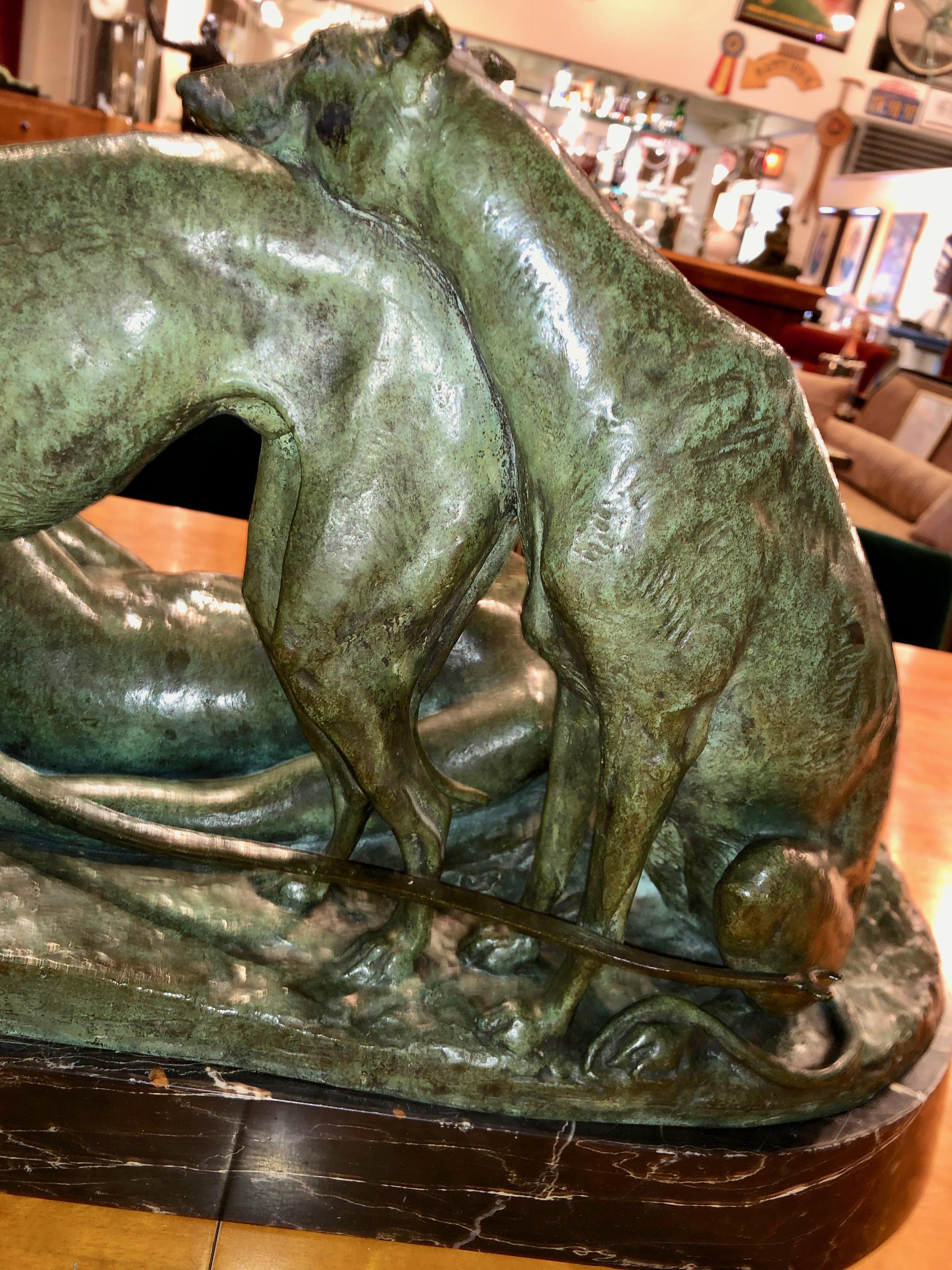 Ary Bitter Reclining Diana the Huntress with 2 Greyhounds Bronze Art Deco  For Sale 2