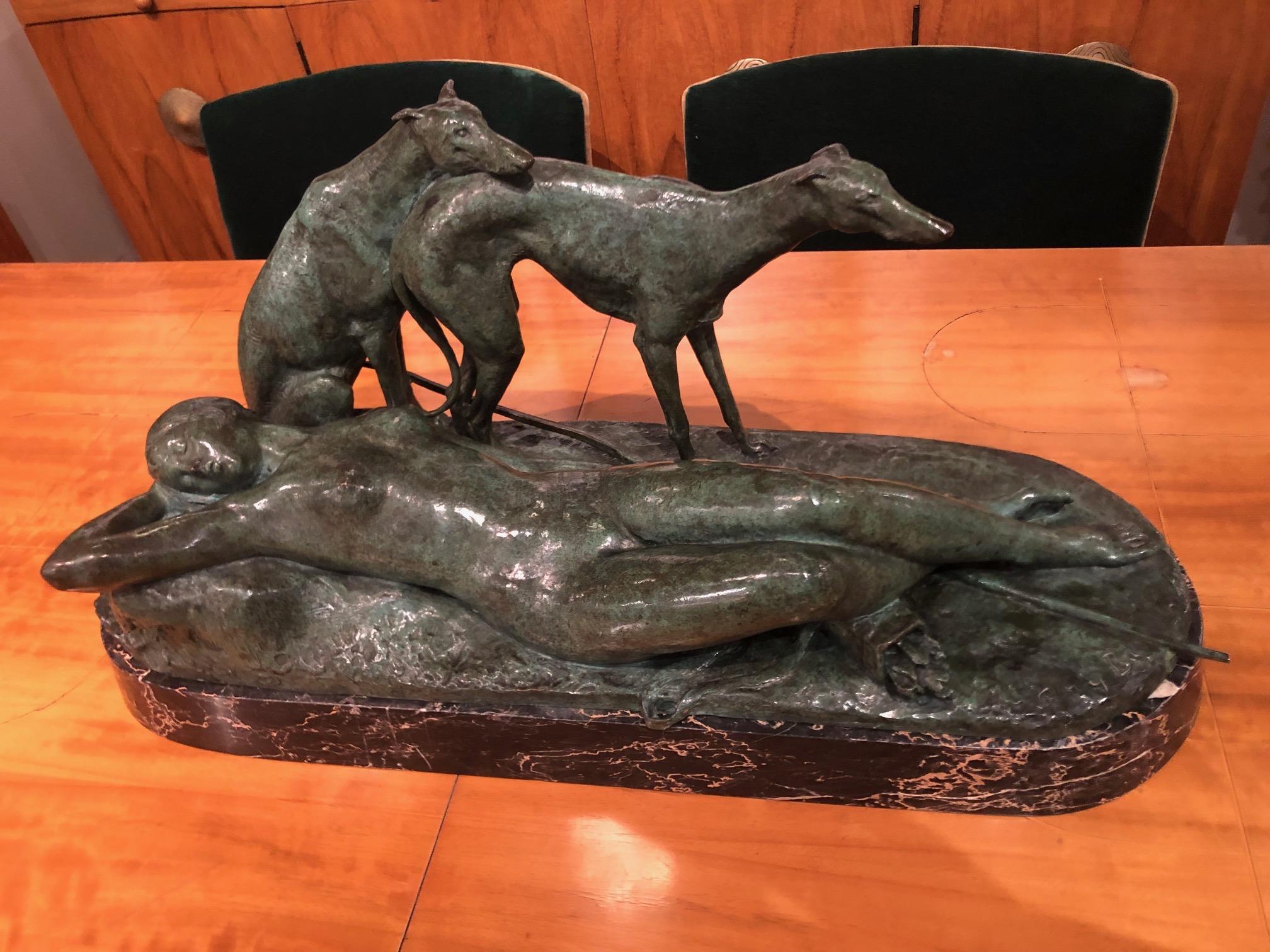 Ary Bitter Reclining Diana the Huntress with 2 Greyhounds Bronze Art Deco  For Sale 4