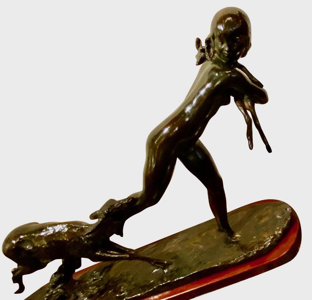 Ary Bitter Bronze Art Deco Sculpture Woman Running with Lambs Bronze For Sale 1