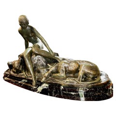 Antique Ary Bitter Bronze Sculpture of Diana with 2 Greyhounds in Nature