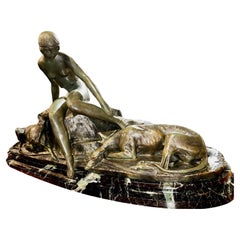 Ary Bitter Bronze Sculpture of Diana with 2 Greyhounds in Nature