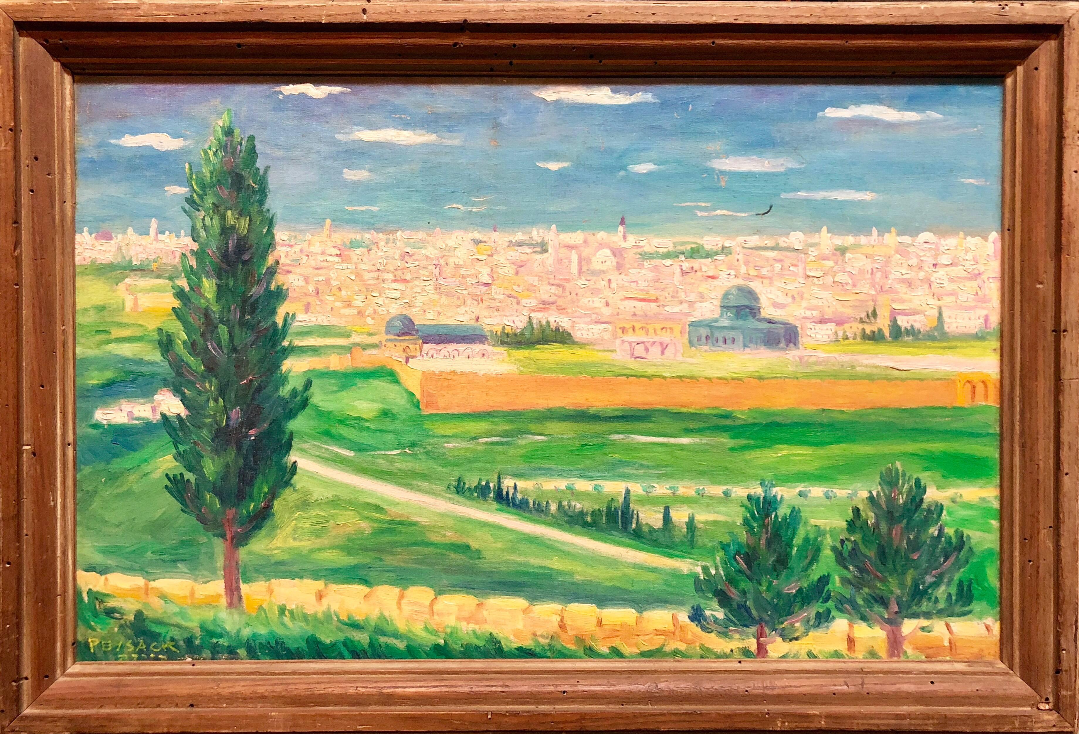 German Israeli Oil Painting Jerusalem Panorama of Old City Walls - Brown Figurative Painting by Arye Leo Peysack