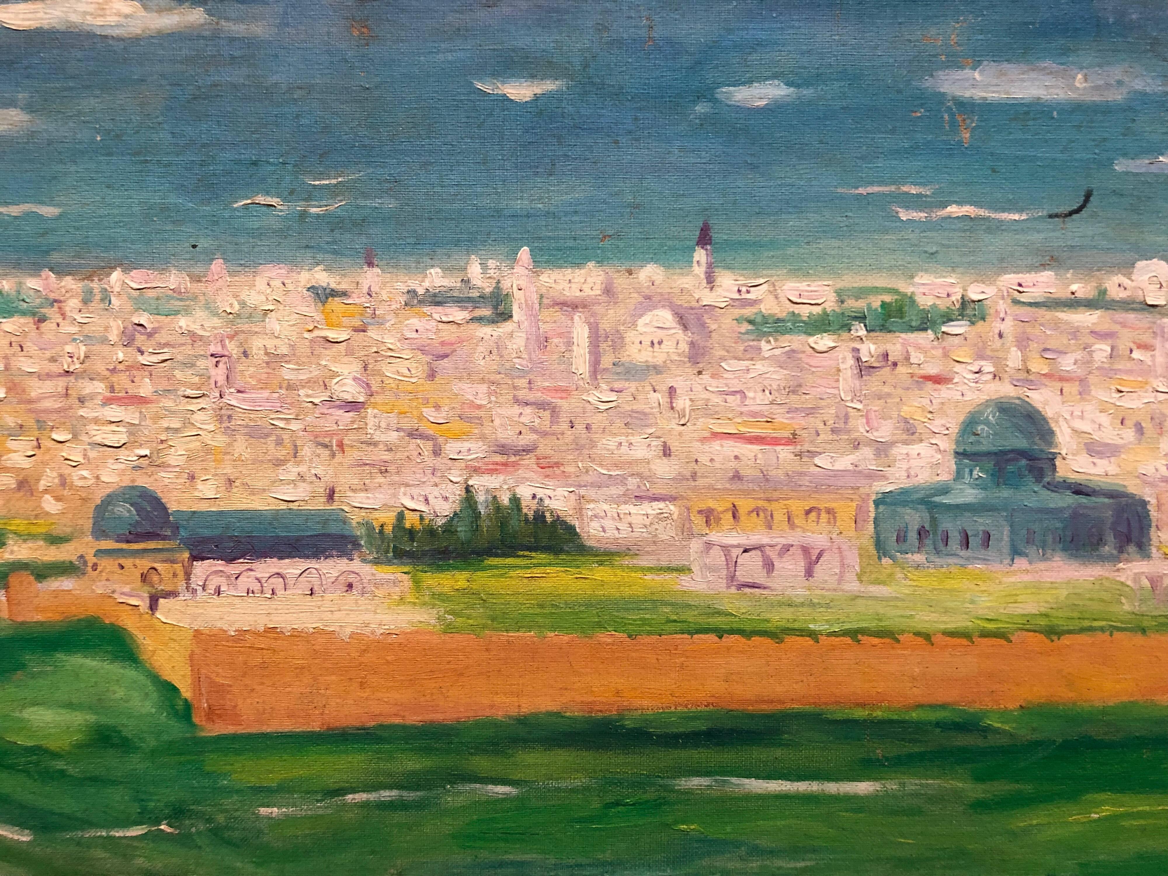 Peinture à l'huile israélienne de Jérusalem panorama des murs des vieilles villes - Impressionnisme Painting par Arye Leo Peysack