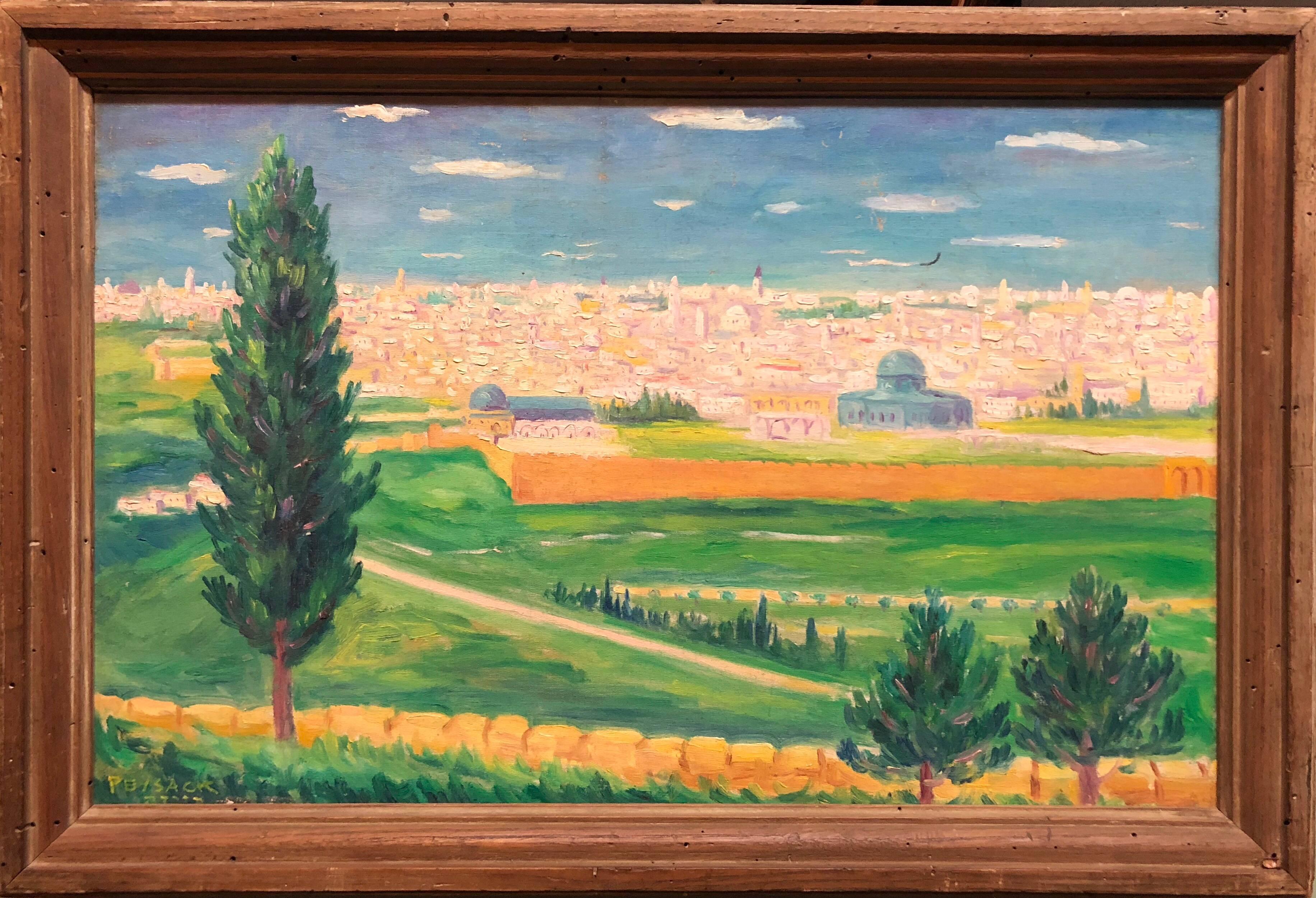 Arye Leo Peysack Figurative Painting - German Israeli Oil Painting Jerusalem Panorama of Old City Walls