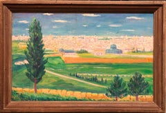 Antique German Israeli Oil Painting Jerusalem Panorama of Old City Walls