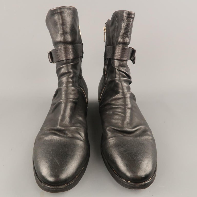 A.S 98 Size 10 Black Ruched Leather Ankle Strap Boots at 1stDibs