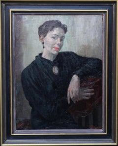 Portrait of a Lady - Post Impressionist 40s art oil painting seated woman cameo 