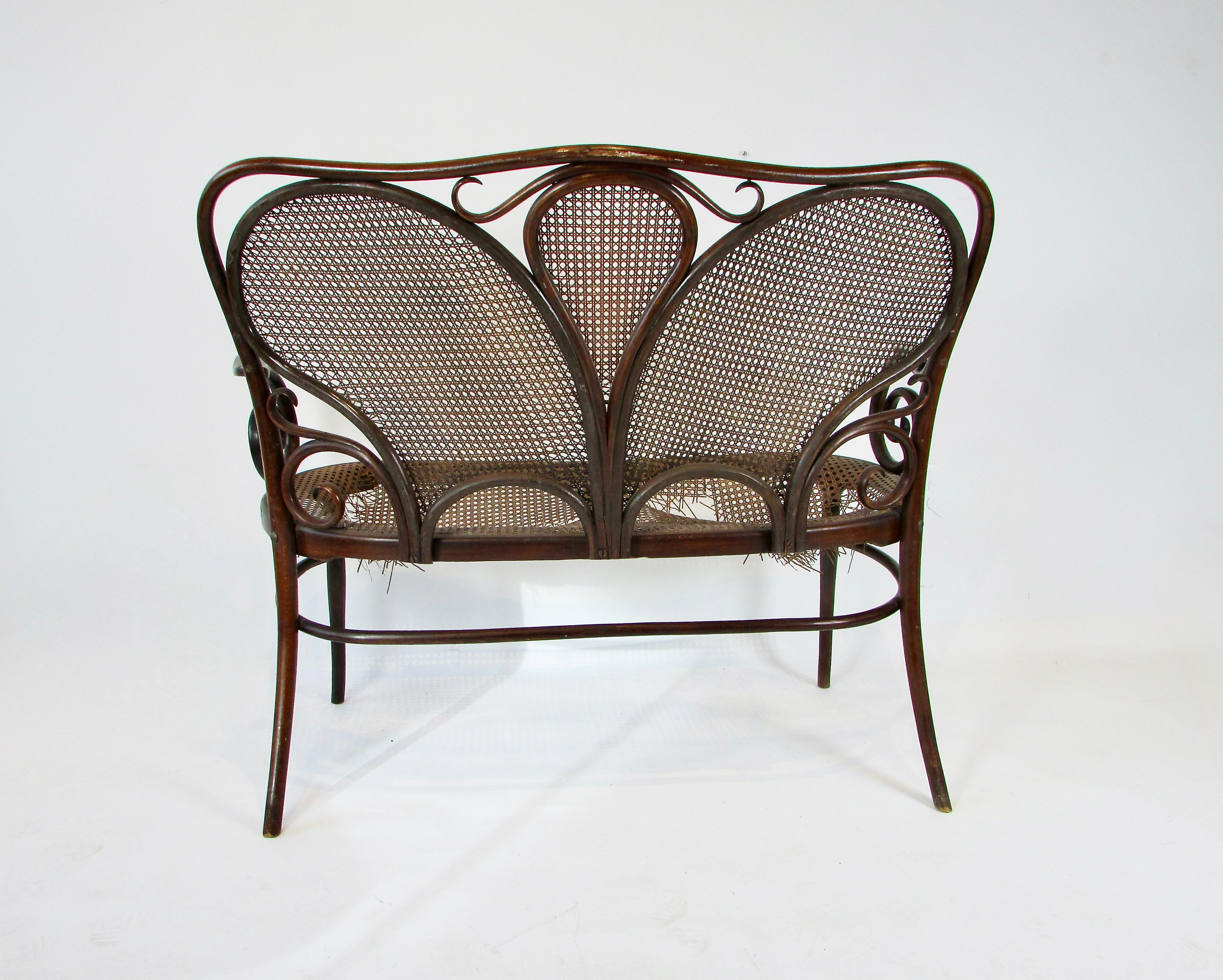 Cane As Found J & J Kohn Turn of the Century Bentwood Settee Vienna For Sale