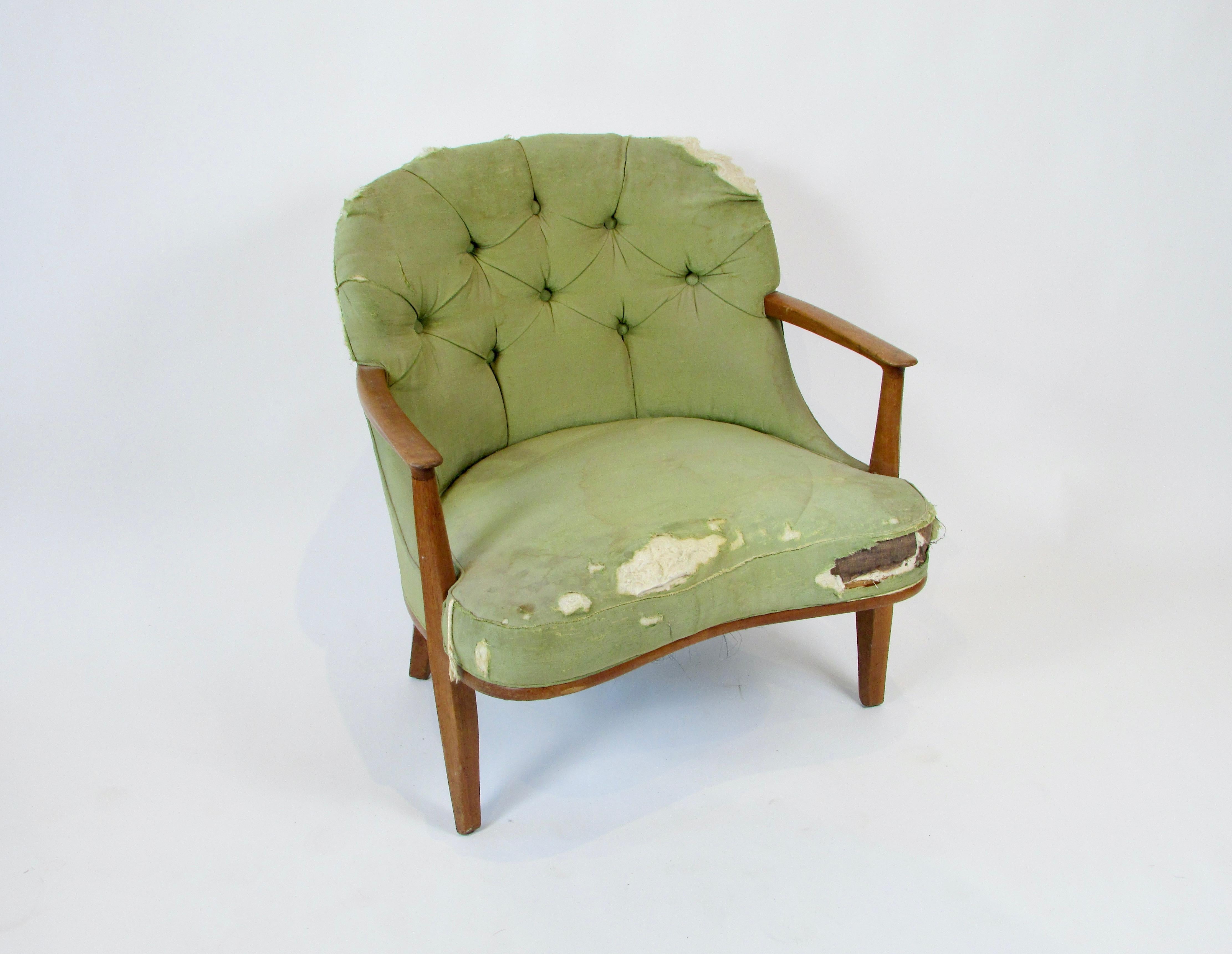 Edward Wormley for Dunbar Janus chair . Selling in as found original worn fabric . Structurally sound ready for clients textile . More economical than buying a finished chair and sending it off to the upholsterer . No need to pay for restoration