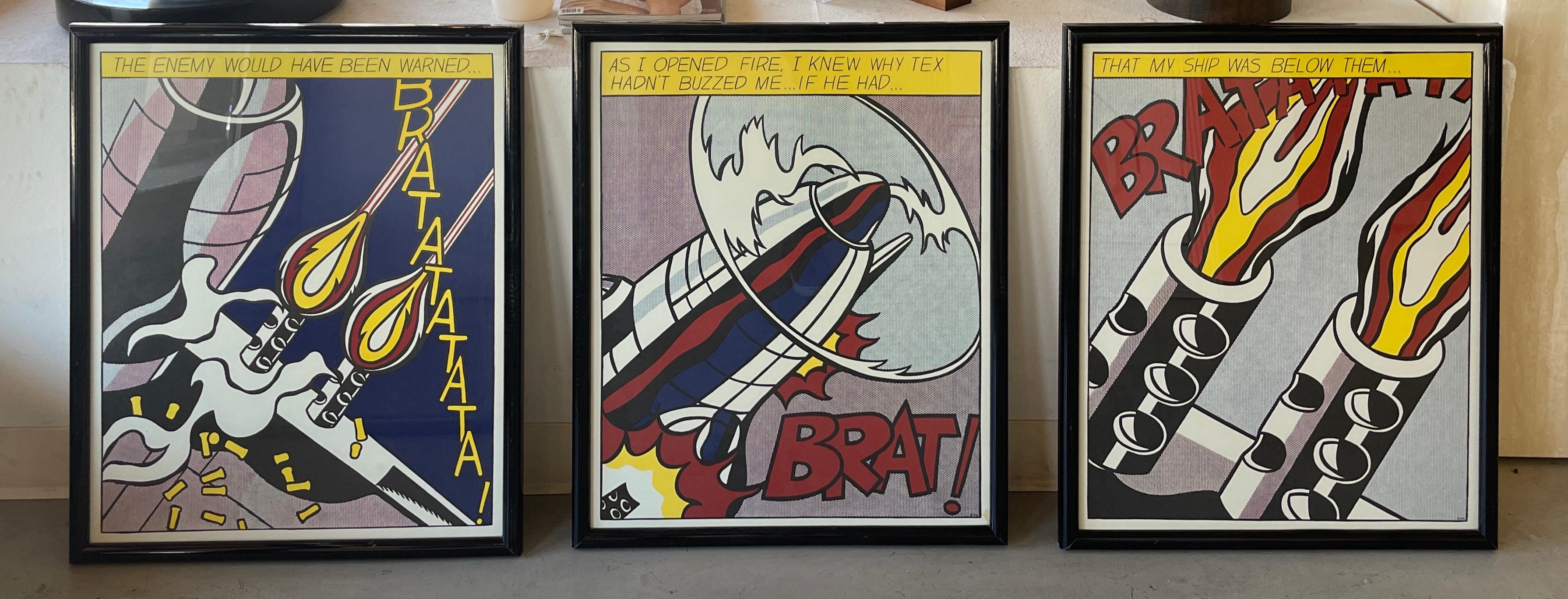 Wonderful triptych after a group of paintings by Roy Lichtenstein. This trio was printed in a limited edition of some 3000+ by the Stedelijk Museum in the 1960's They are not signed. They bear the SMA copyright lower right corner. Framed in vintage