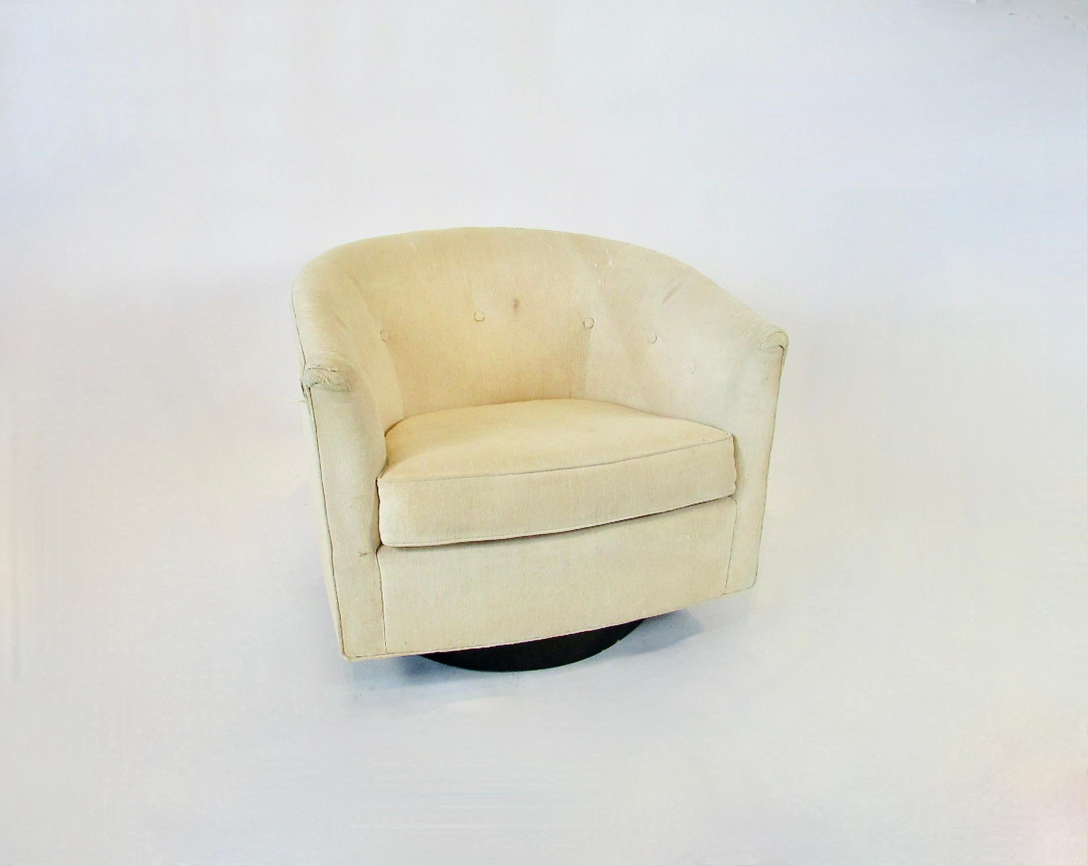 Decorator designer special . Swivel and tilt barrel back lounge chair in as is condition . Completely original worn fabric . Never reupholstered or compromised ready for clients choice of covering . I have done this in the past rather than