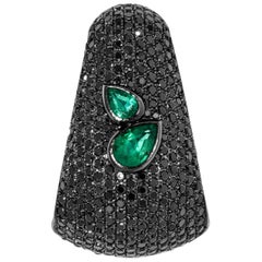 AS29 18 Karat Black Gold Bombee Pear Shaped Emerald Black Diamond Earring