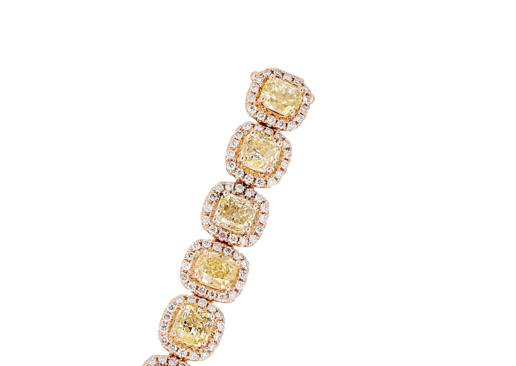 Round Cut AS29 18 Karat Pink & Yellow Gold Natural Fancy Light to Yellow Diamond Bracelet For Sale