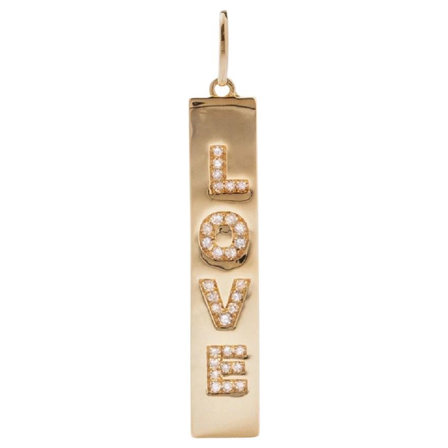 AS29 18 Karat Yellow Gold Pave Diamond Love Vertical Tag Pendant For Sale