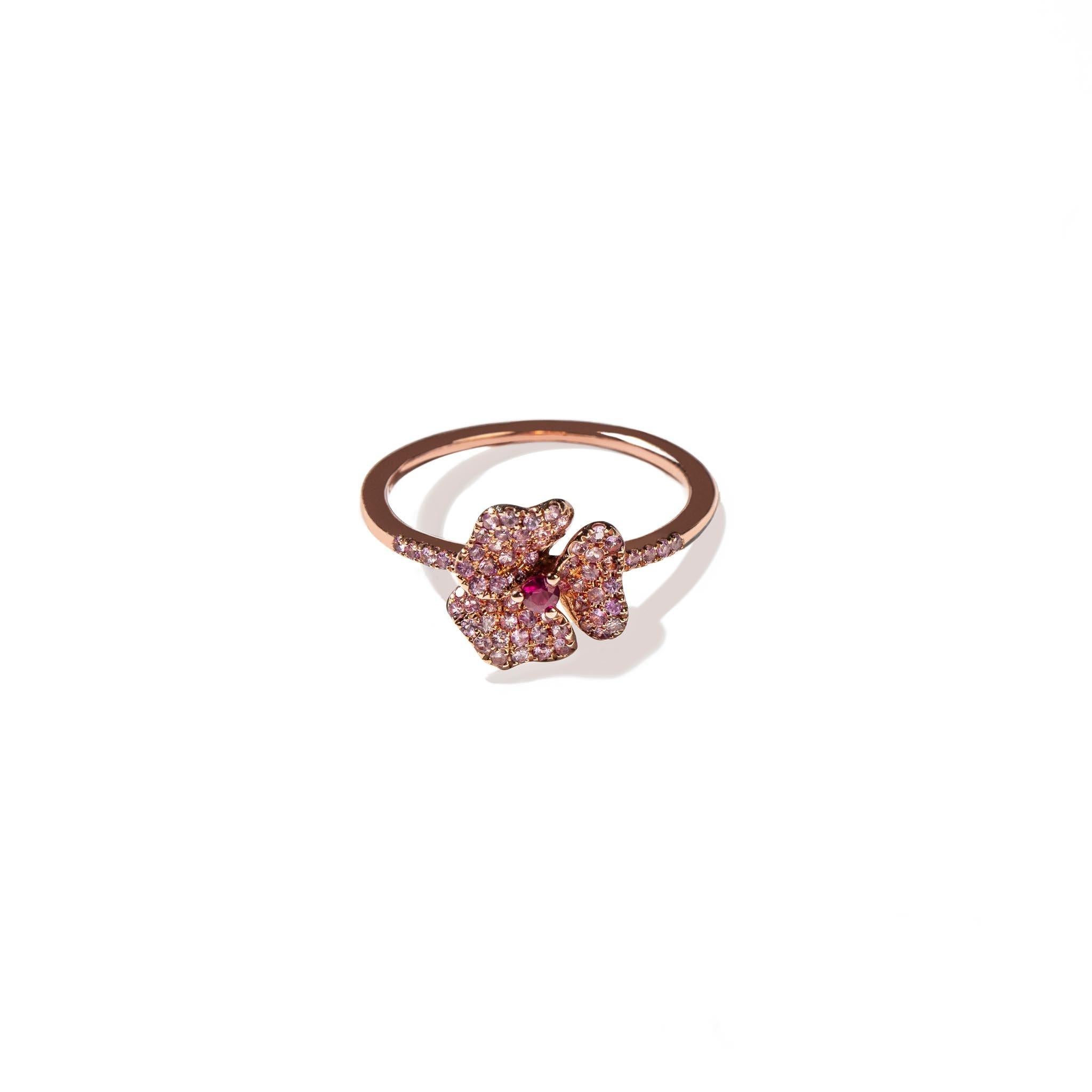 Crafted in 18K pink gold, this elegant ring encrusted with Pink Sapphires.

Part of AS29's bloom collection, this pansy flower-inspired piece was designed to remind you of the infinite possibilities within. 

18K Pink Gold
Pink Sapphires Carat