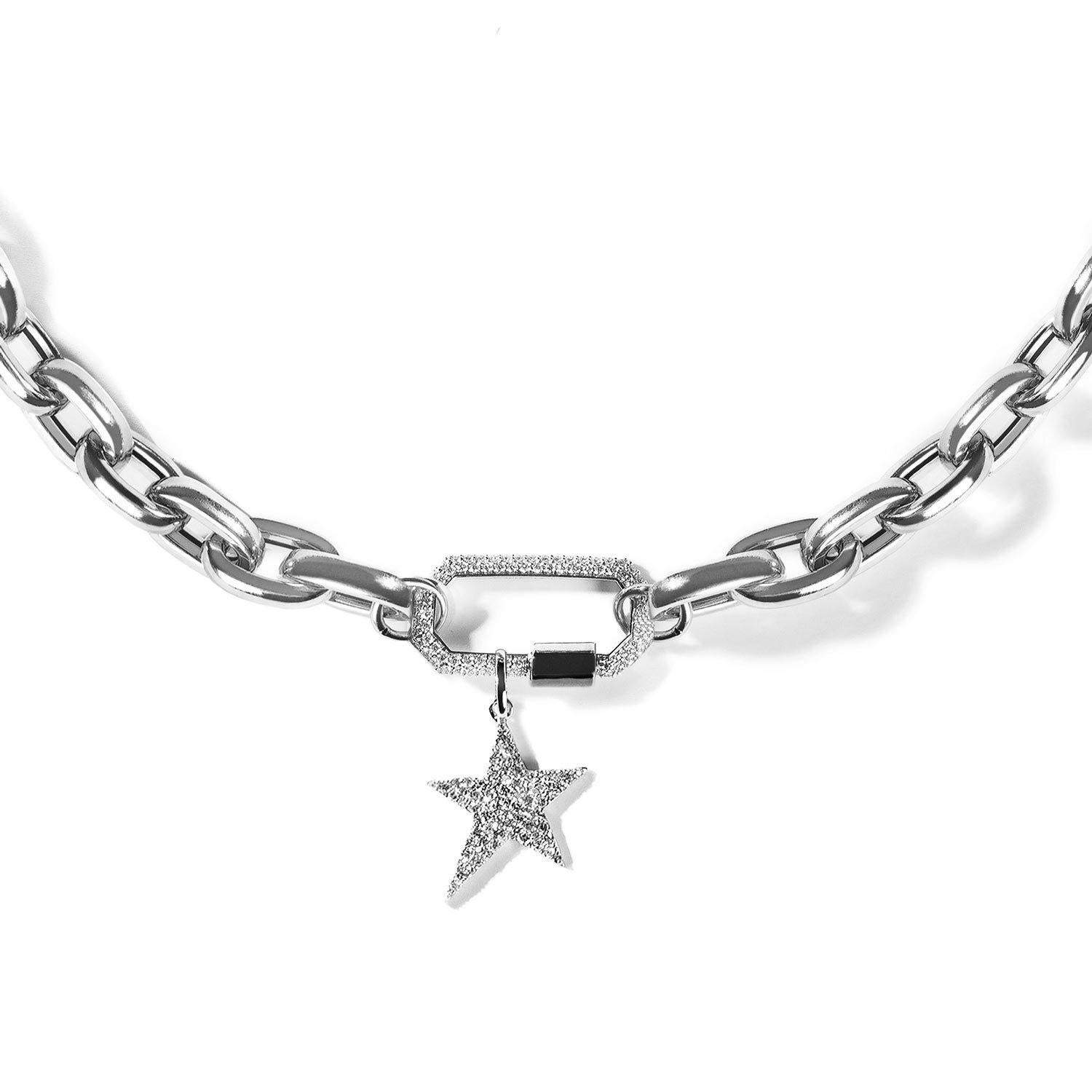 Dream of the night sky with our Diamond Lock and Pave Star Necklace.

Crafted in solid 18k white and black gold, this necklace is detailed with a star pendant encrusted with dazzling pave white diamonds and our signature pave lock. Paired with your