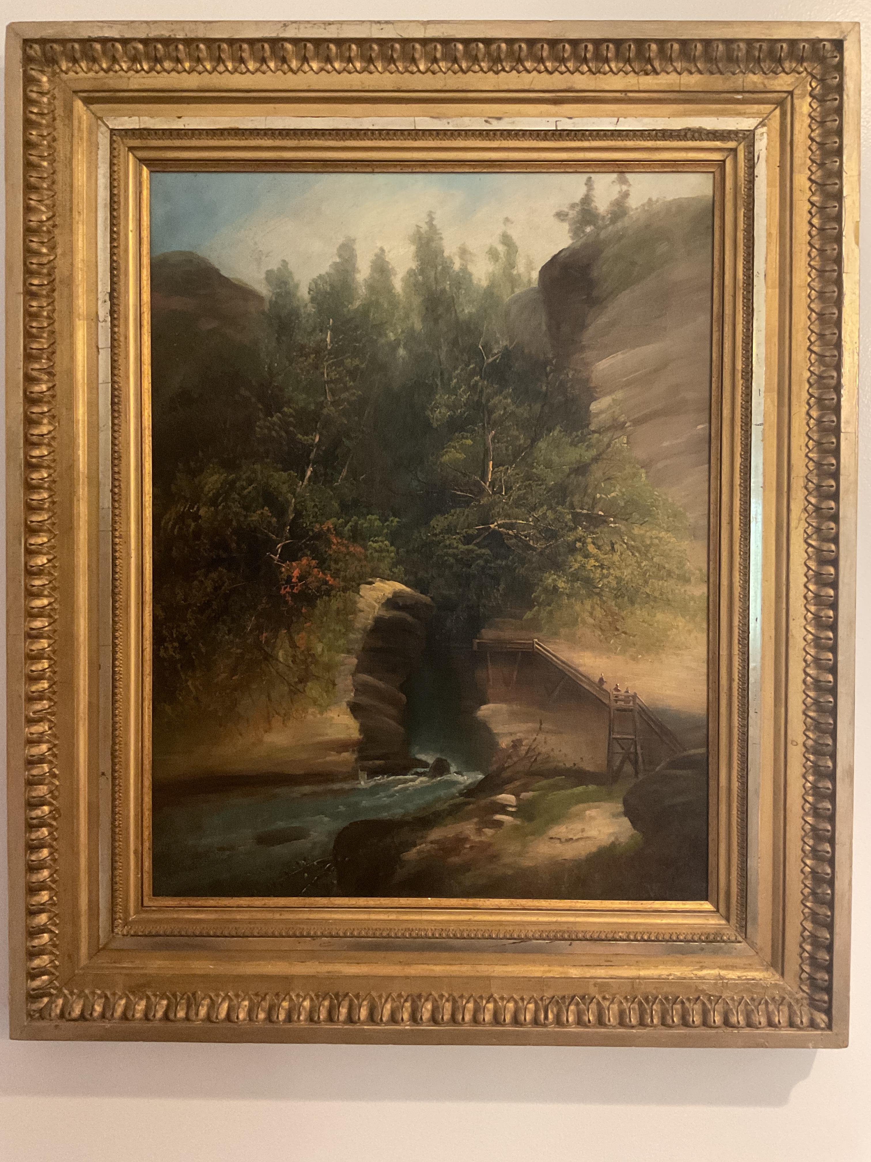 Landscape Painting de Asa Coolidge Warren - Pintura de la región del río Hudson "Puente natural", artista catalogado Asa Warren, hacia 1880