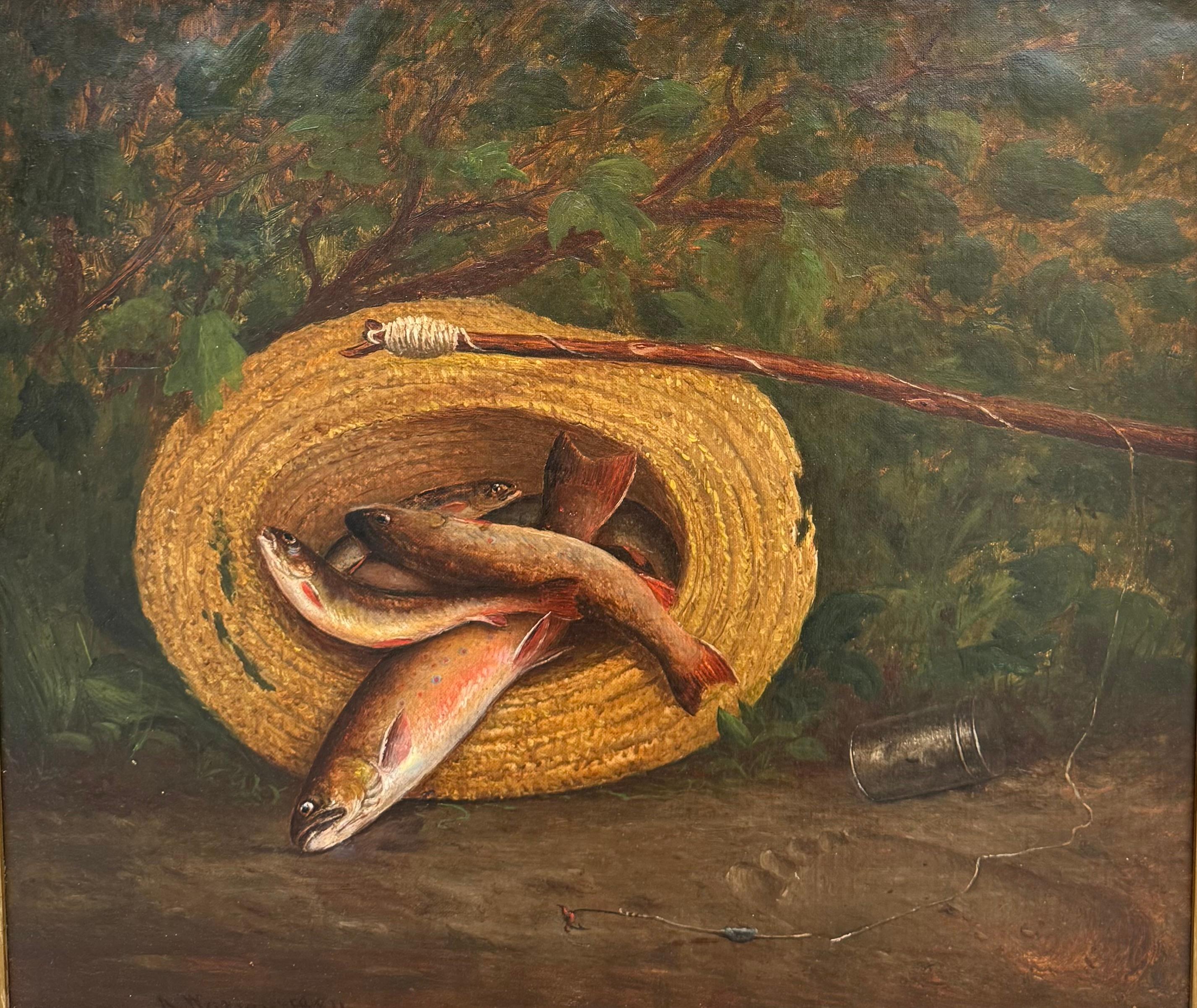 Antique poteau de pêche réaliste Sporting Art Realist Southern Trout - Réalisme américain Painting par Asa Coolidge Warren