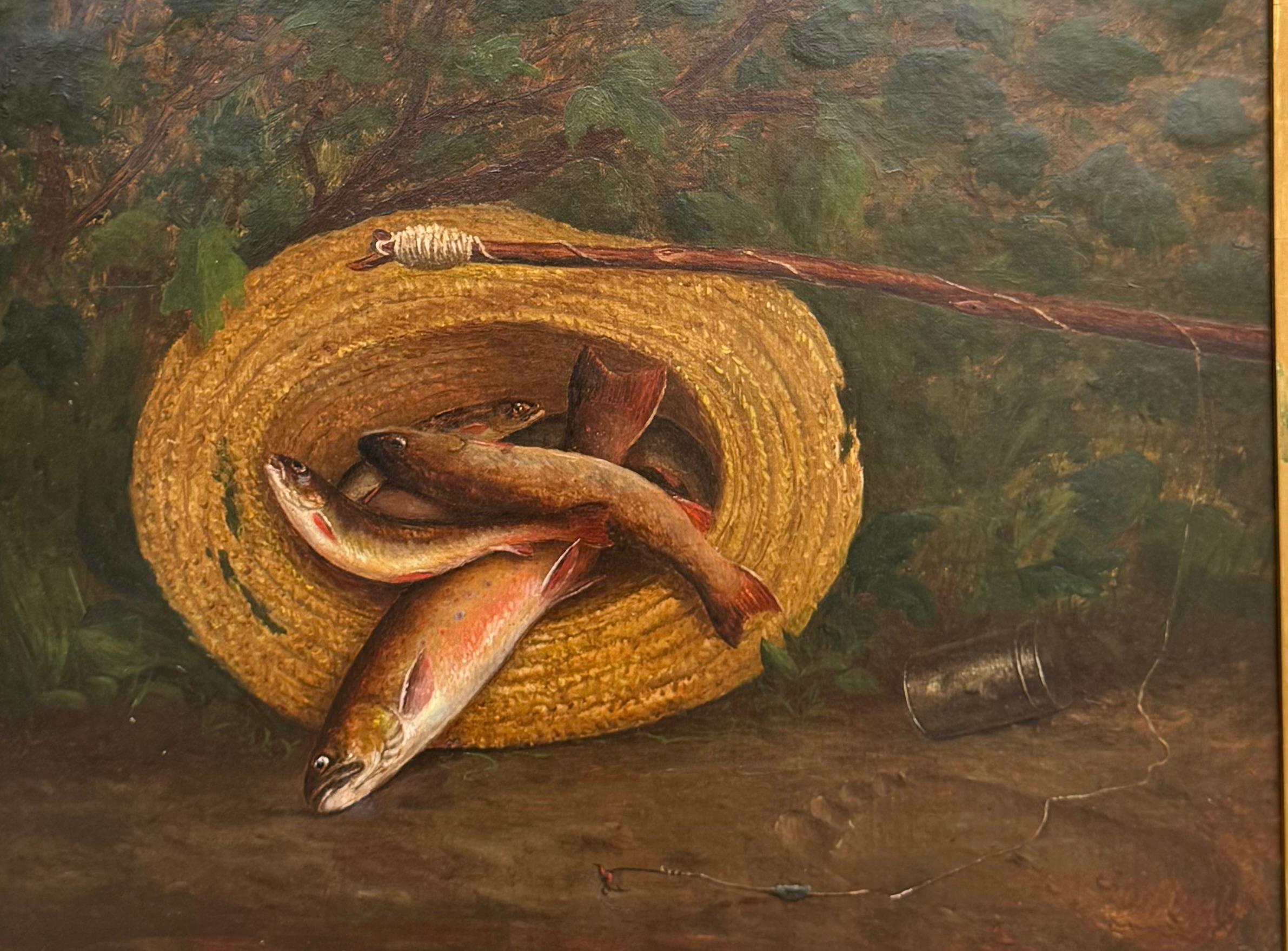 Antique poteau de pêche réaliste Sporting Art Realist Southern Trout - Marron Landscape Painting par Asa Coolidge Warren
