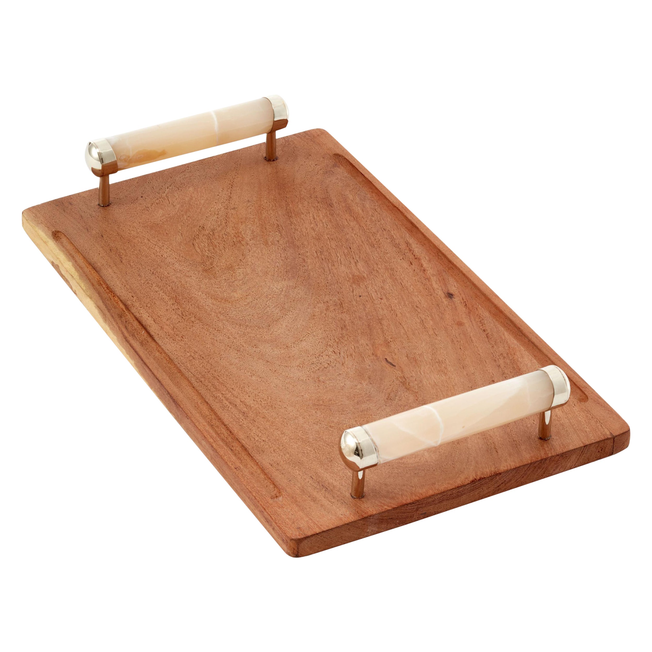 Großes rechteckiges Asado-Tablett, cremefarbener Onyx, Knopfholz und silberner Alpaka